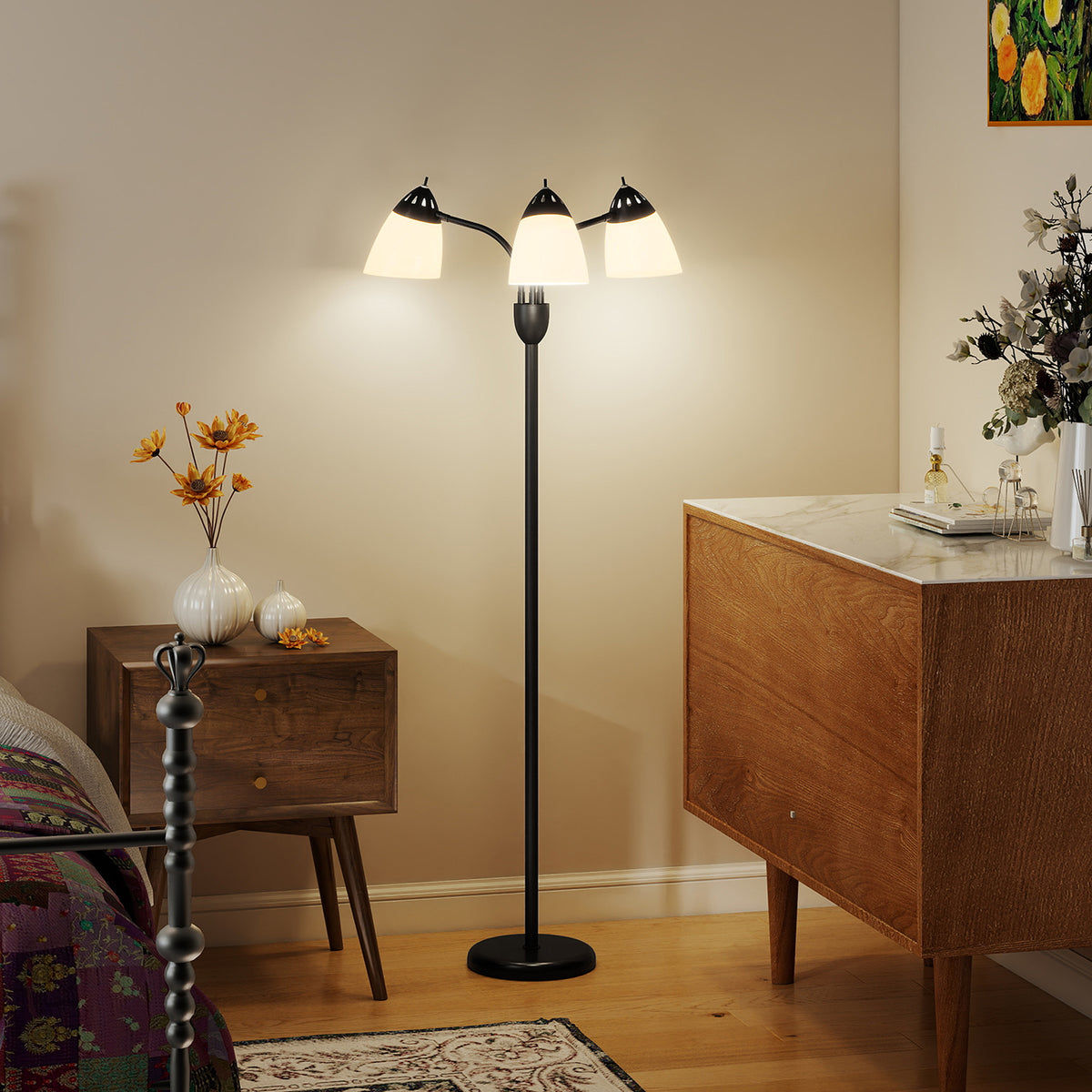 Arc Tree Floor Lamp with 3 Adjustable Rotating Lights and 3000K/4500K/6500K Colour Temperatures, Industrial Standing Lamp with Steel Frame for Bedroom Living Room, 155cm, Black