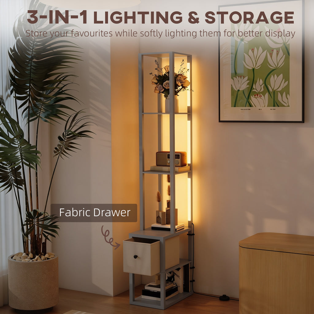 Floor Lamp with Shelves, LED Column Modern Standing Lamp with Fabric Drawer, Adjustable Brightness, Foot Switch for Living Room, Bedroom, Office, Grey
