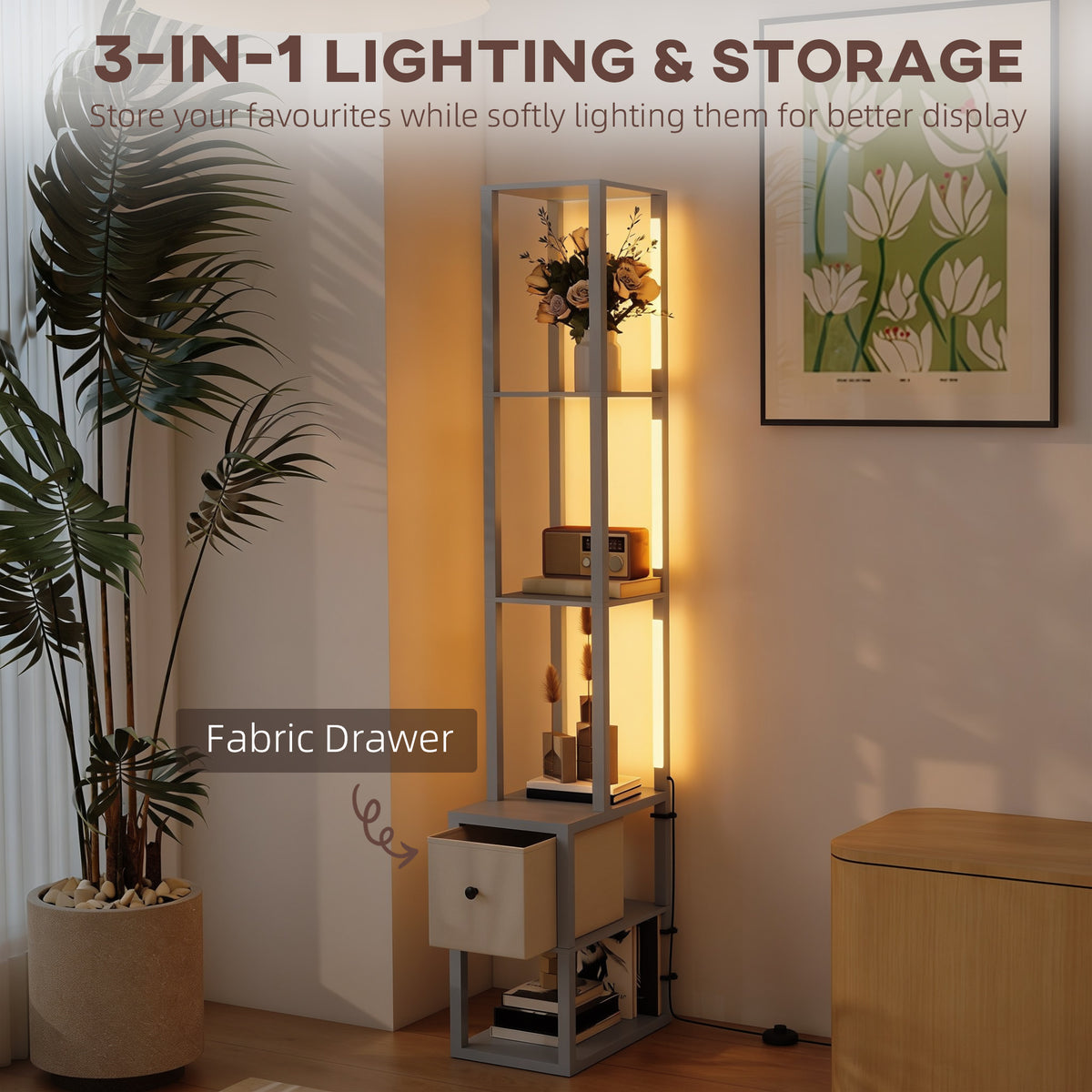 Floor Lamp with Shelves, LED Column Modern Standing Lamp with Fabric Drawer, Adjustable Brightness, Foot Switch for Living Room, Bedroom, Office, Grey