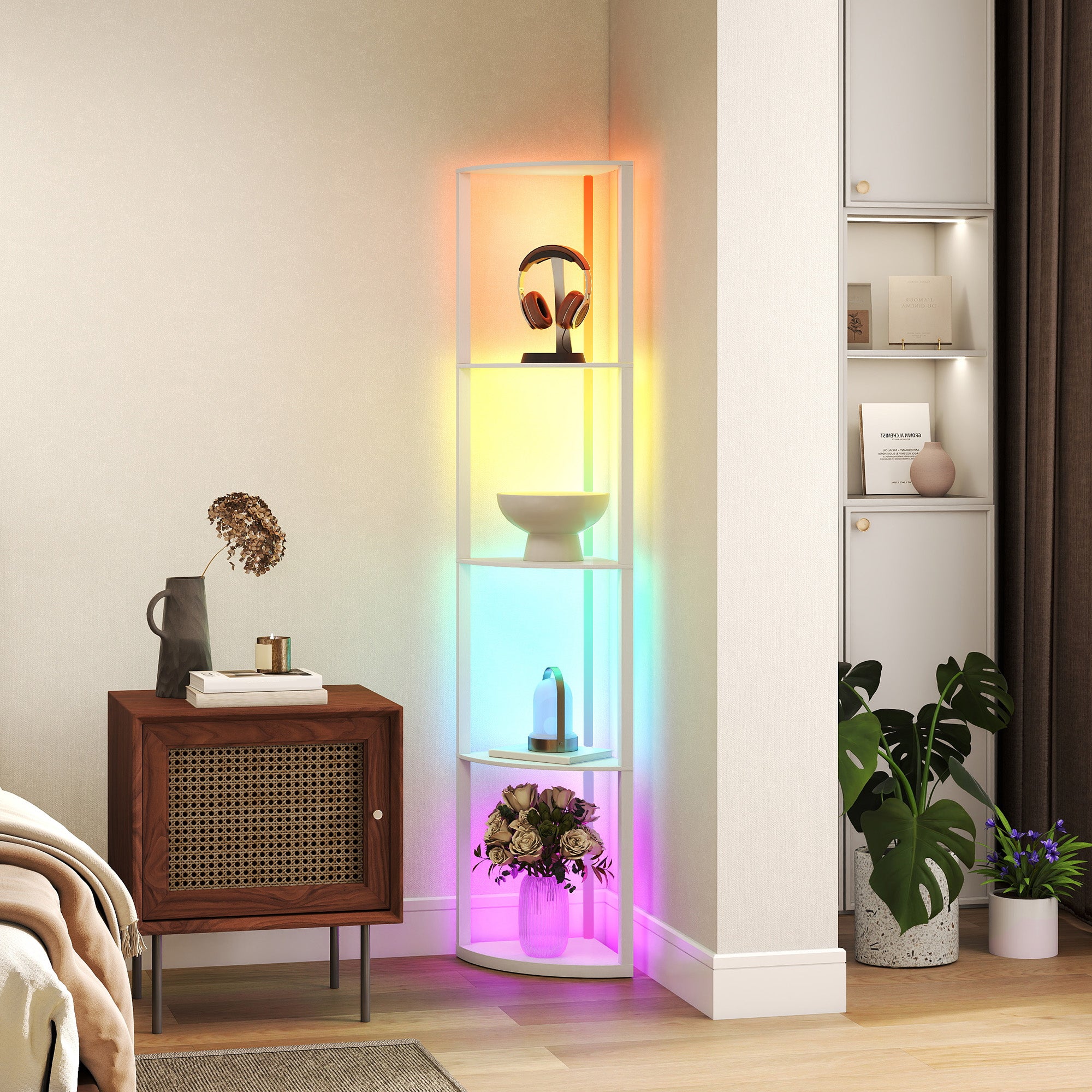 RGB LED Floor Lamp with Shelves, 5-Tier Dimmable Standing Lamp with Adjustable Brightness and Remote Control, Modern Corner Display Shelf Unit for Living Room Bedroom Office, White