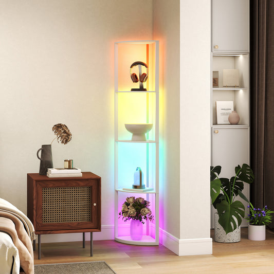 RGB LED Floor Lamp with Shelves, 5-Tier Dimmable Standing Lamp with Adjustable Brightness and Remote Control, Modern Corner Display Shelf Unit for Living Room Bedroom Office, White