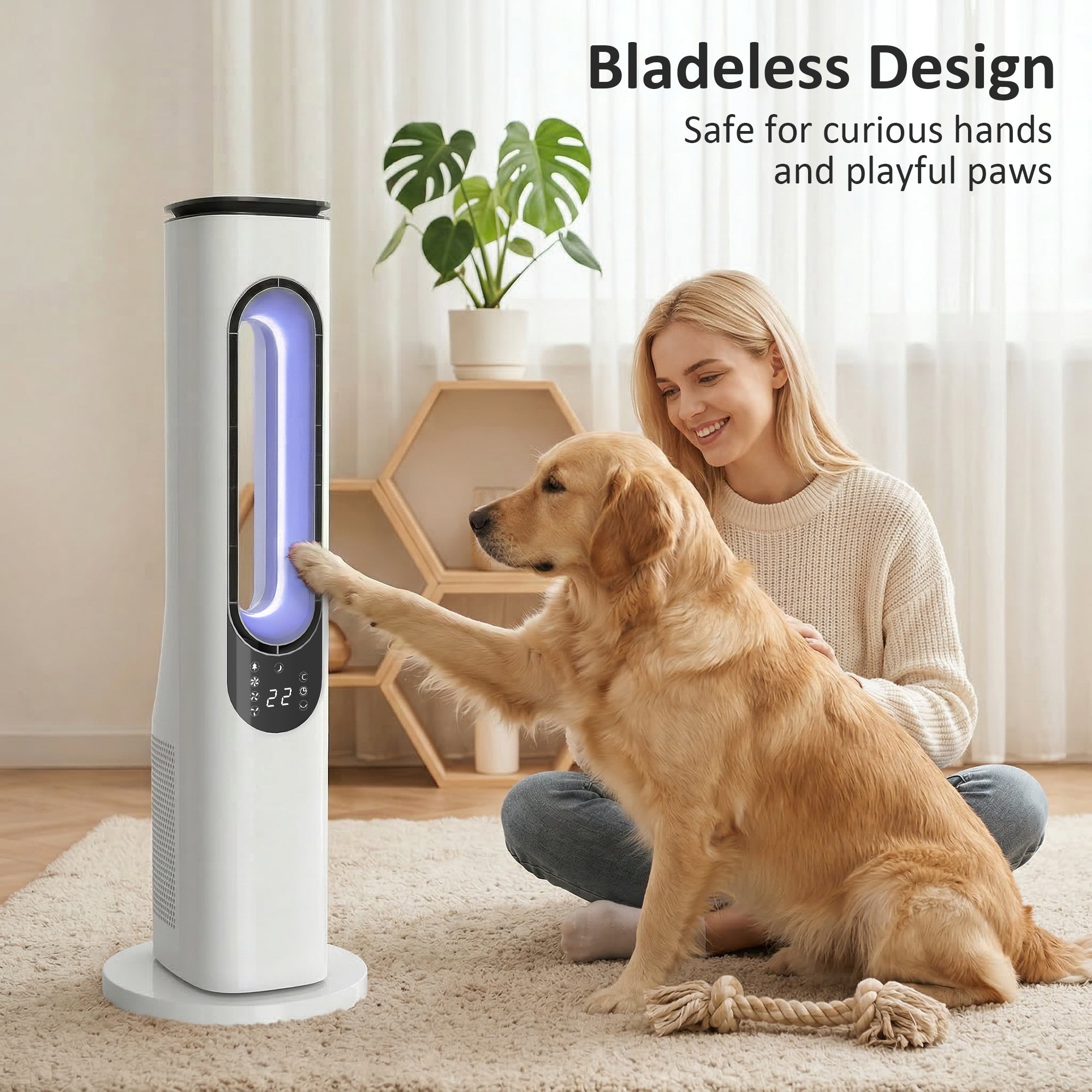 Bladeless Tower Fan for Bedroom, 35dB Standing Cooling Fan with Oscillating, LED Lights, 3 Speeds, 15H Timer, White