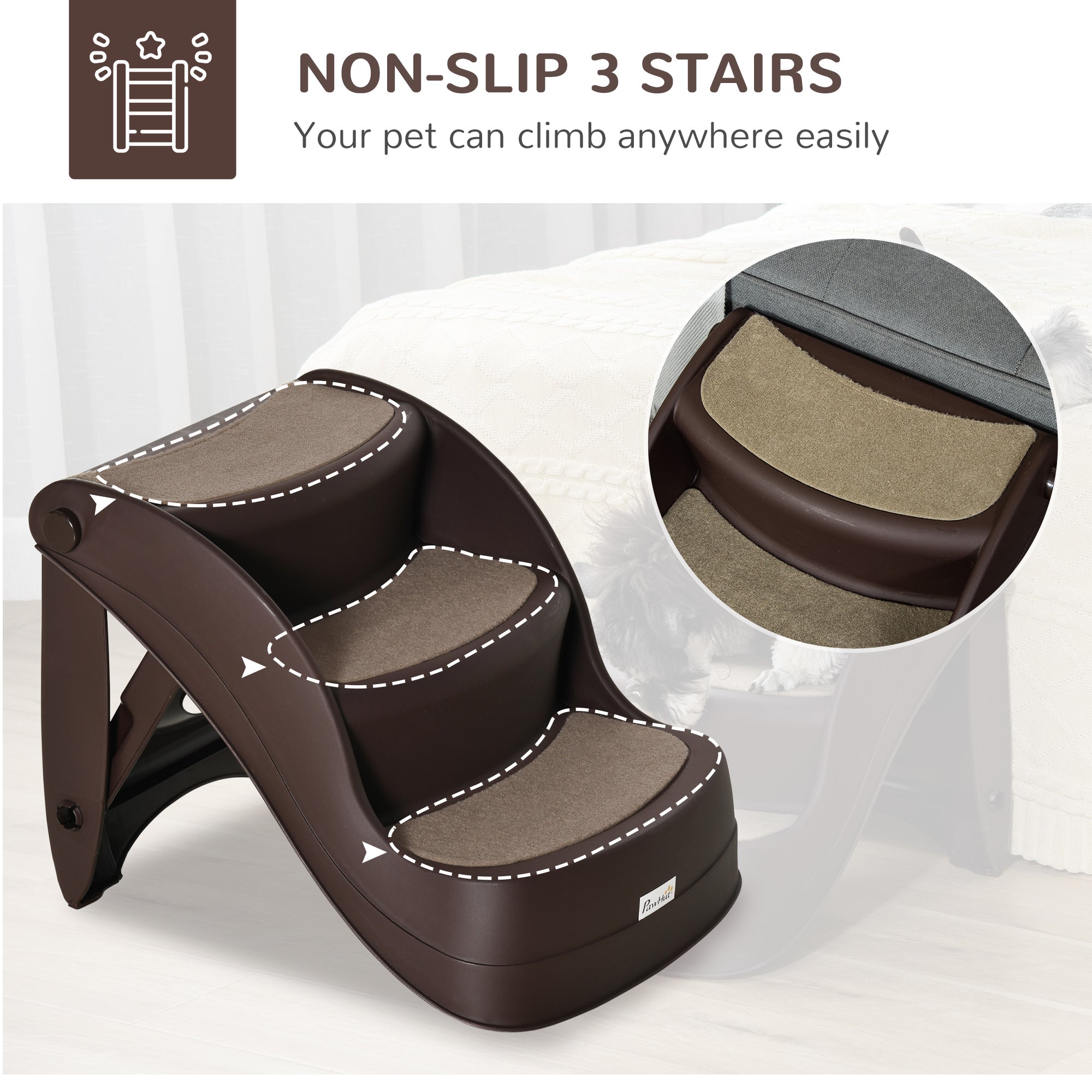 PawHut Foldable Dog Steps for Bed Sofa, Portable Dog Stairs 3-Step for High Bed, Pet Stairs with Non-slip Mats for Small and Miniature Breeds, 49 x 38 x 38 cm, Brown