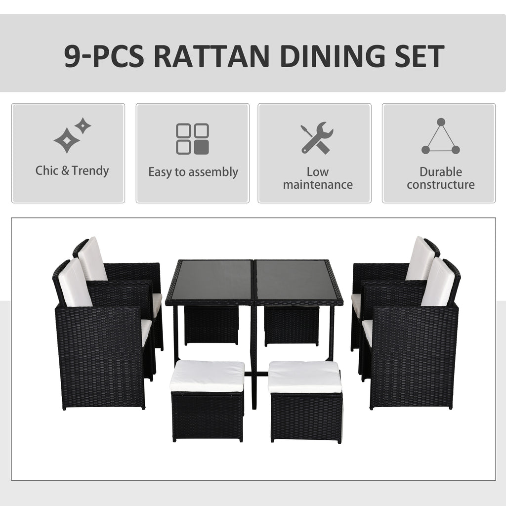 Outsunny 9 Piece Rattan Cube Garden Furniture Dining Set with Armchairs, Footstools and Glass-Top Table, Black