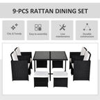 Outsunny 9 Piece Rattan Cube Garden Furniture Dining Set with Armchairs, Footstools and Glass-Top Table, Black