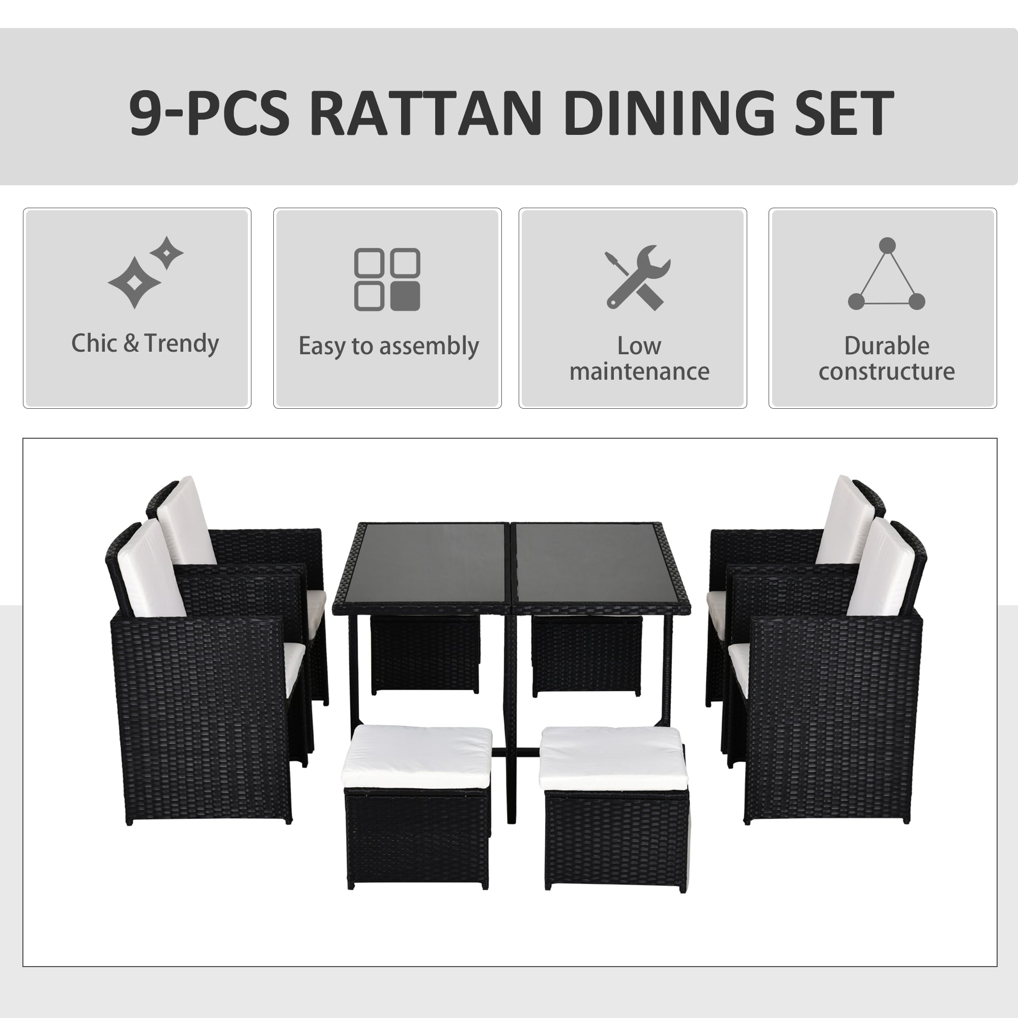 Outsunny 9 Piece Rattan Cube Garden Furniture Dining Set with Armchairs, Footstools and Glass-Top Table, Black