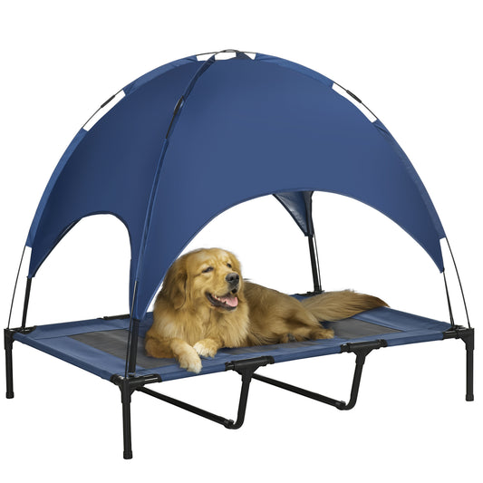 PawHut Outdoor Dog Bed with Removable Canopy, Portable Raised Dog Bed for Camping, Garden & Beach, Water-Resistant UV-Protection Mesh Pet Cot Sun Lounger, for XL Pets, 122 x 92 x 108 cm, Dark Blue