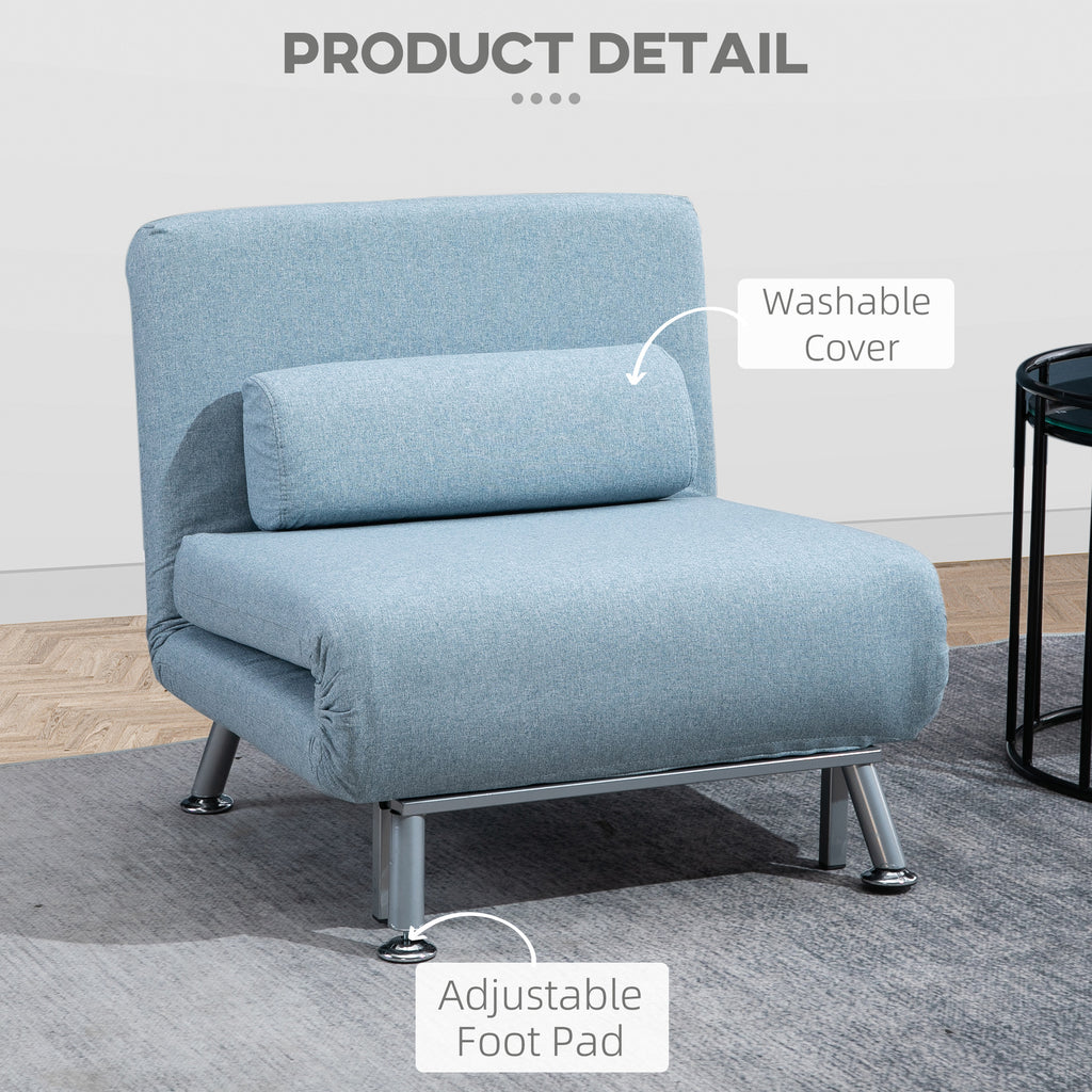 HOMCOM Single Sofa Chair Bed, Linen Fabric 3-in-1 Convertible Sleeper Chair with 5-Position Adjustable Backrest, 75cm Wide Seat, Pillow for Living Room, Bedroom, Sky Blue