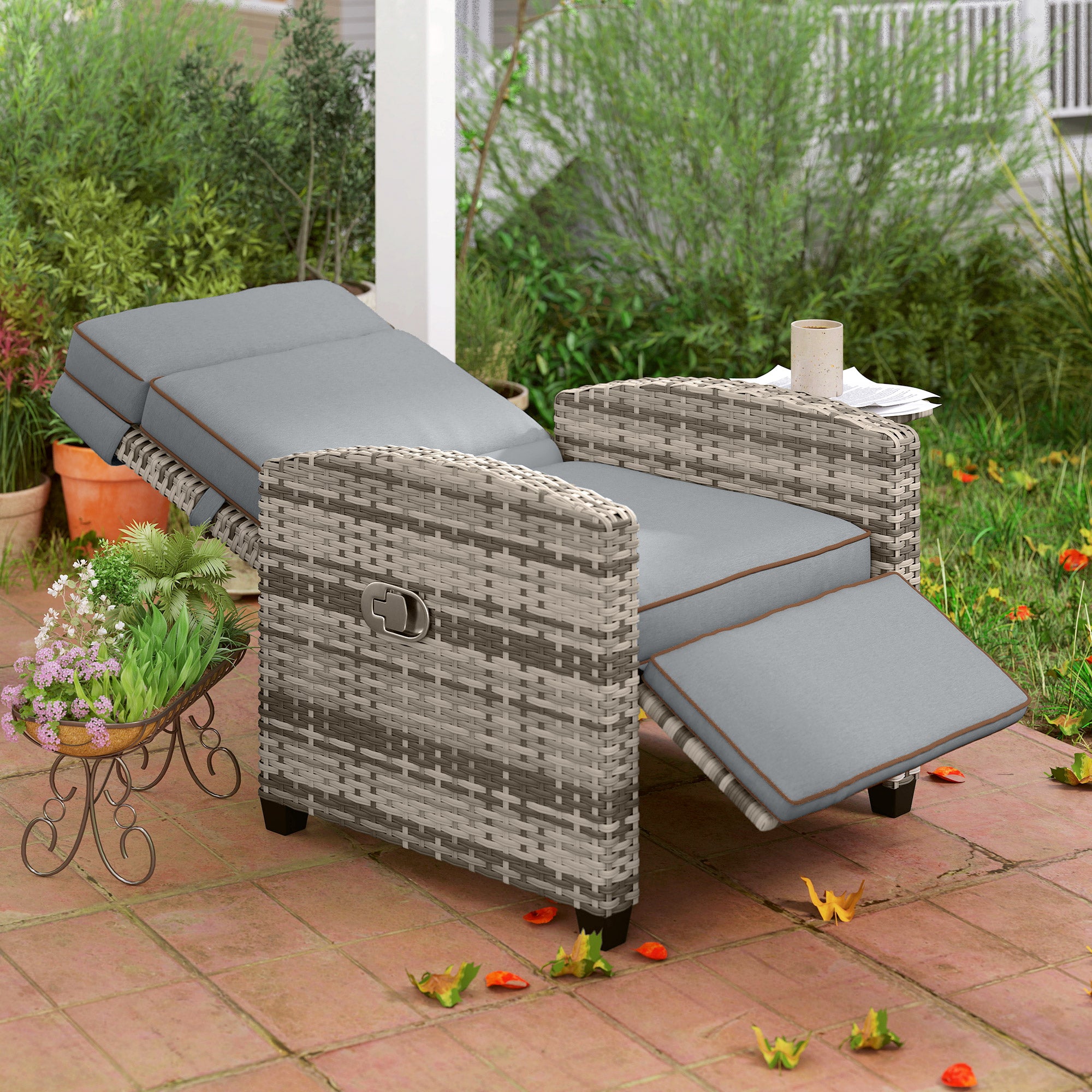 Outsunny 145° Reclining Rattan Armchair with Footrest - Mixed Grey