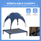PawHut Outdoor Dog Bed with Removable Canopy, Portable Raised Dog Bed for Camping, Garden & Beach, Water-Resistant UV-Protection Mesh Pet Cot Sun Lounger, for Medium Pets, 76 x 61 x 73 cm, Dark Blue