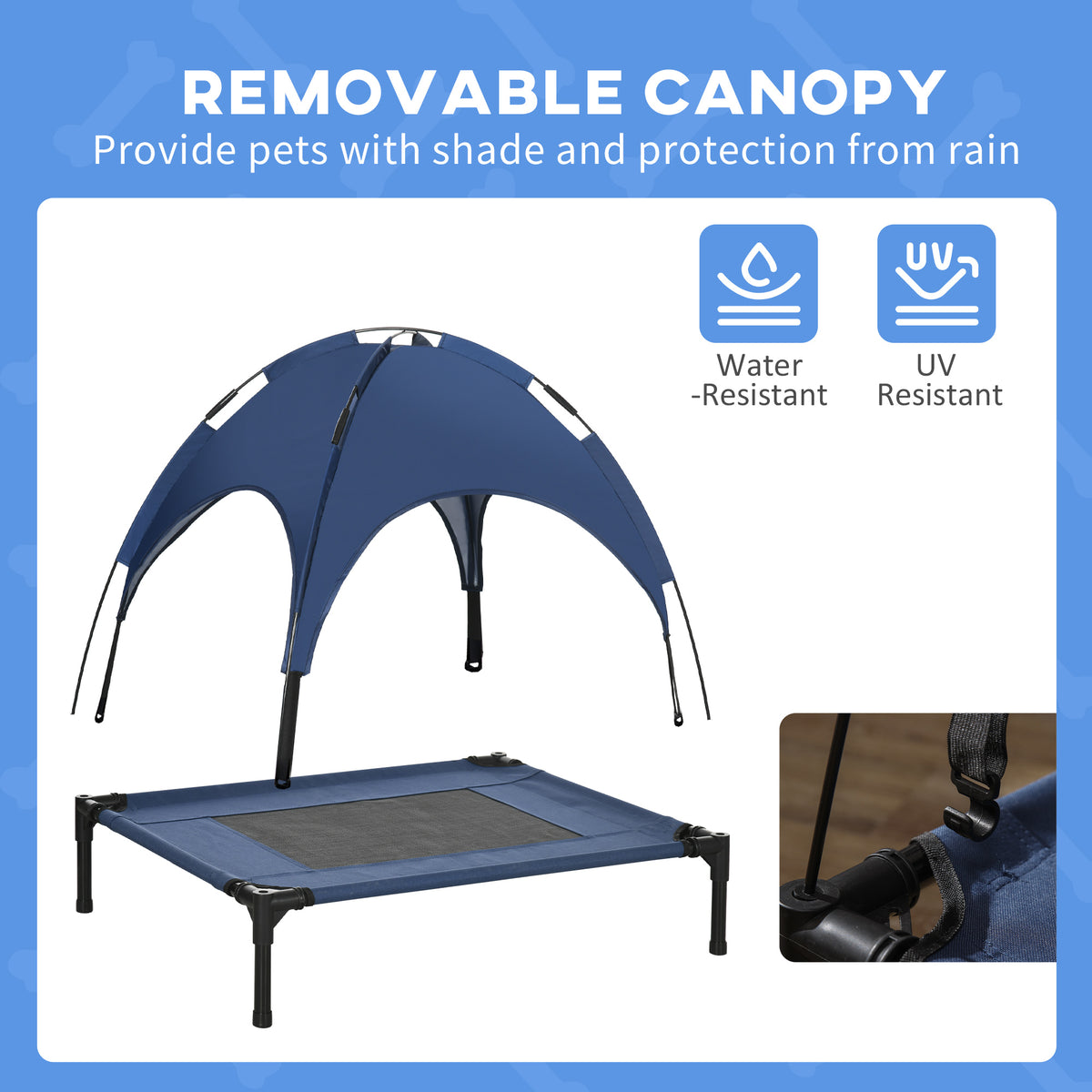 PawHut Outdoor Dog Bed with Removable Canopy, Portable Raised Dog Bed for Camping, Garden & Beach, Water-Resistant UV-Protection Mesh Pet Cot Sun Lounger, for Medium Pets, 76 x 61 x 73 cm, Dark Blue