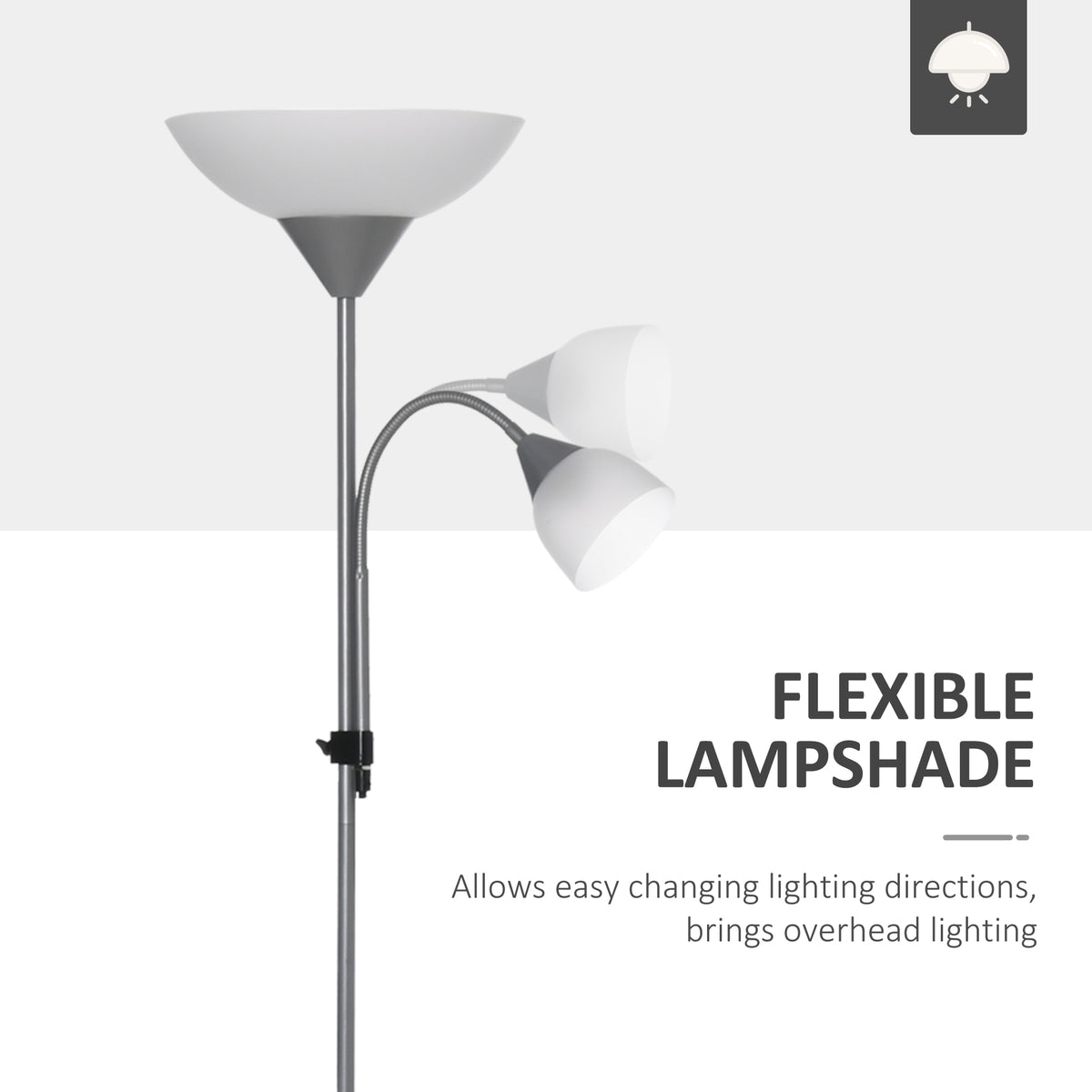 LED Floor Lamp for Living Room, 180cm Tall Standing Lamp, Mother and Child Uplighter with Adjustable Gooseneck, Silver Tone