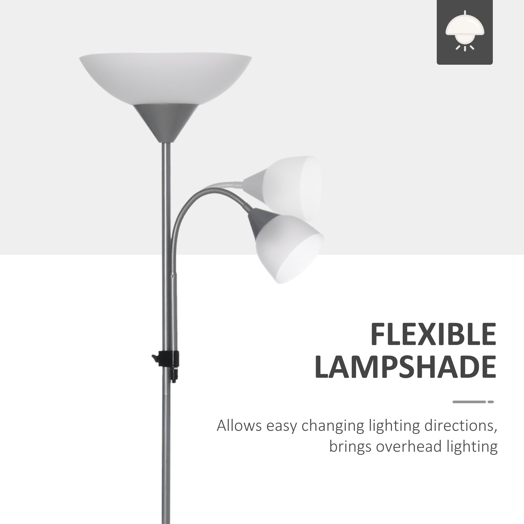 LED Floor Lamp for Living Room, 180cm Tall Standing Lamp, Mother and Child Uplighter with Adjustable Gooseneck, Silver Tone