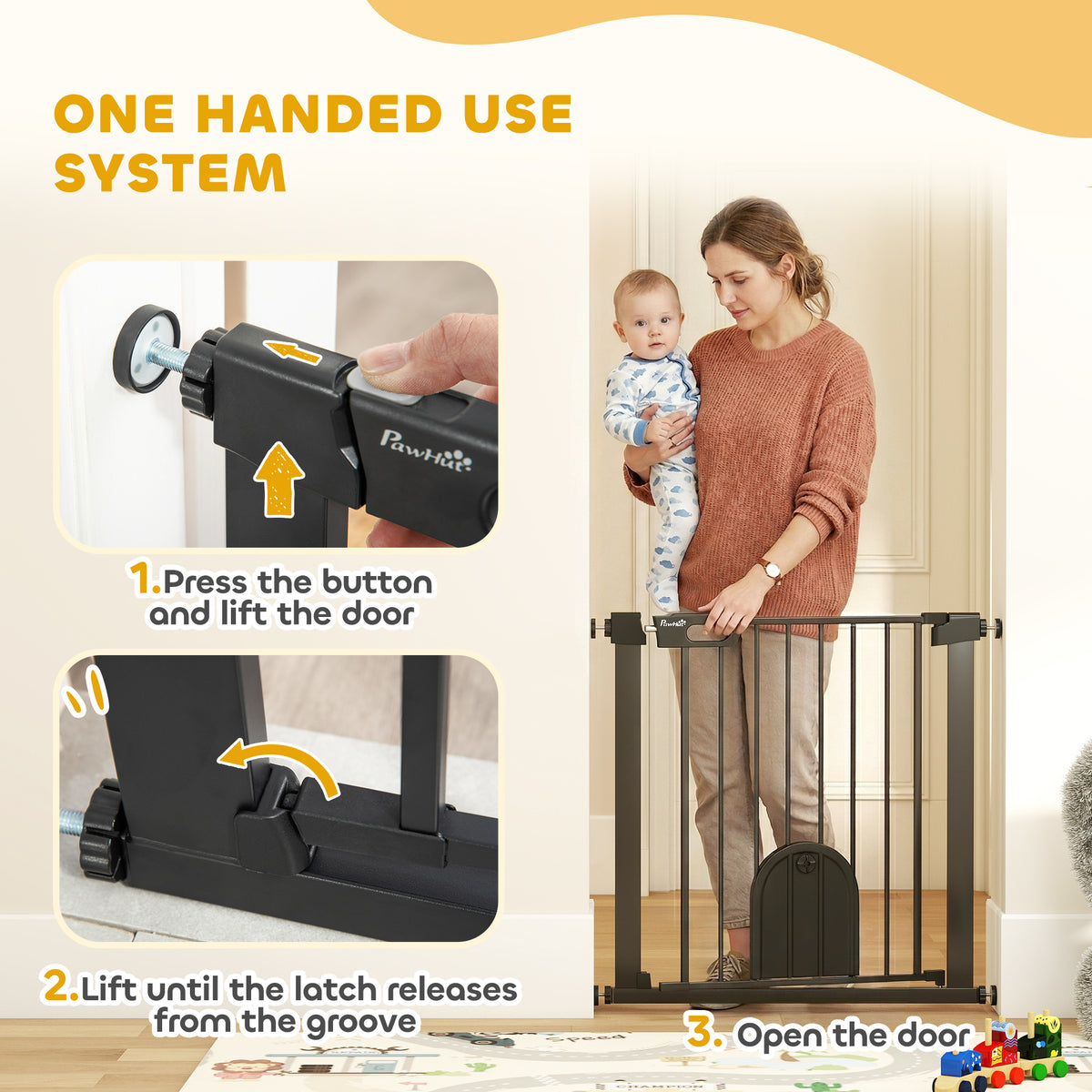 PawHut Dog Gate with Cat Flap Pet Safety Gate Barrier, Stair Pressure Fit, Auto Close, Double Locking, 75-82 cm Black