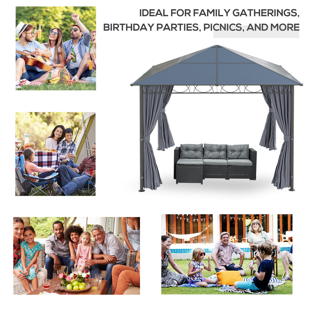 Outsunny 3 x 3(m) Hardtop Gazebo Canopy with Polycarbonate Roof, Permanent Pavilion Garden Gazebo with Curtains for Patio, Deck, Grey