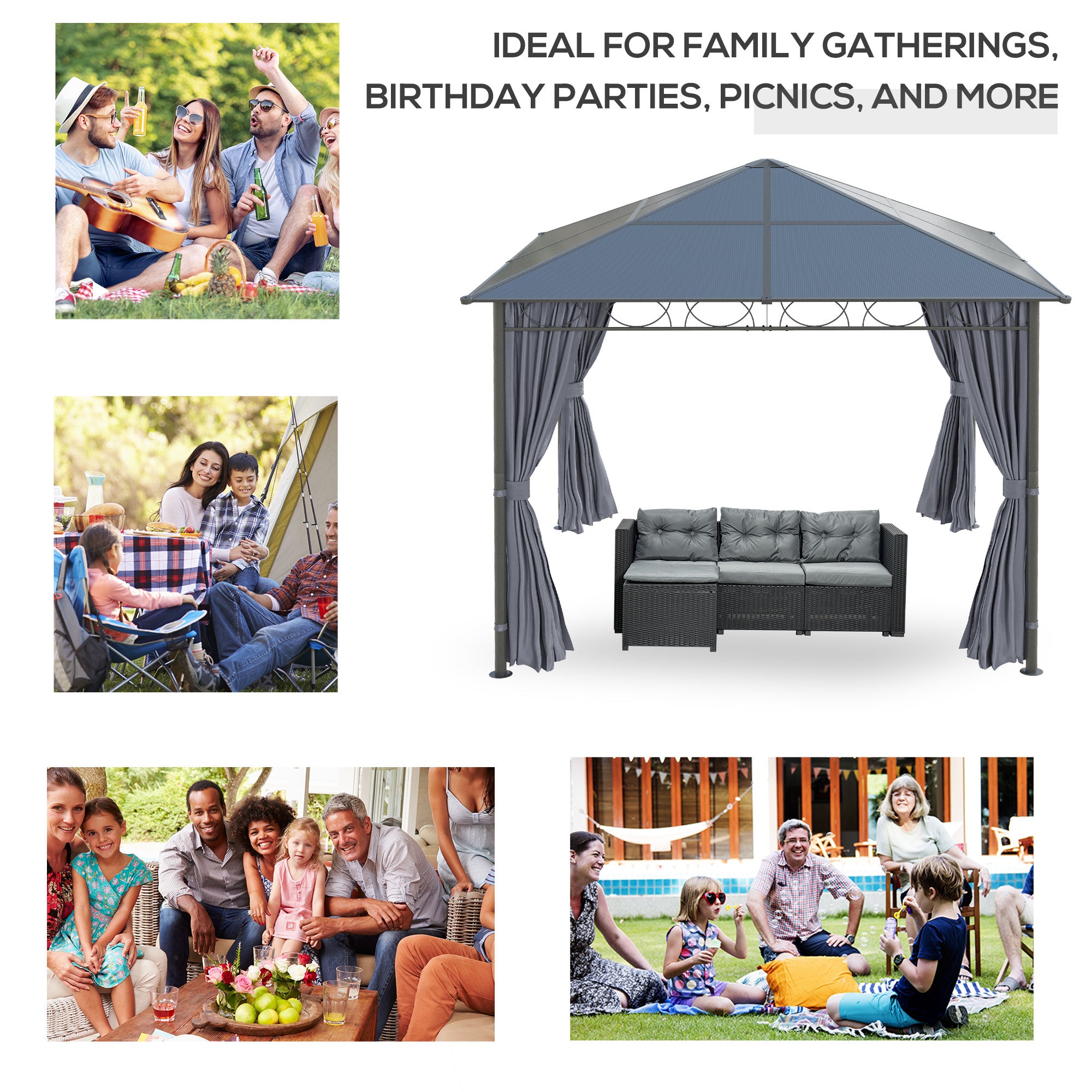 Outsunny 3 x 3(m) Hardtop Gazebo Canopy with Polycarbonate Roof, Permanent Pavilion Garden Gazebo with Curtains for Patio, Deck, Grey