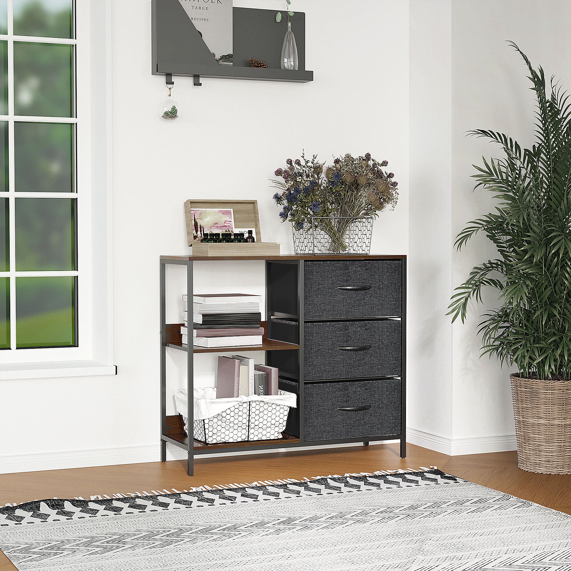 HOMCOM Chest of Drawers Storage  Dresser Cabinet Organizer with 3 Fabric Drawers and 2 Display Shelves for Living Room, Bedroom, Hallway, Black