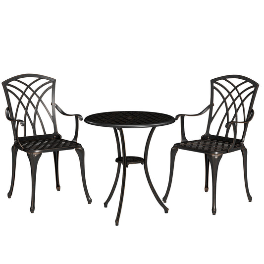 Outsunny 3 Pieces Garden Dining Set for 2, Cast Aluminium Outdoor Dining Set with 2 Armchairs and Round Dining Table with Parasol Hole, Garden Furniture Bistro Set, Bronze Tone