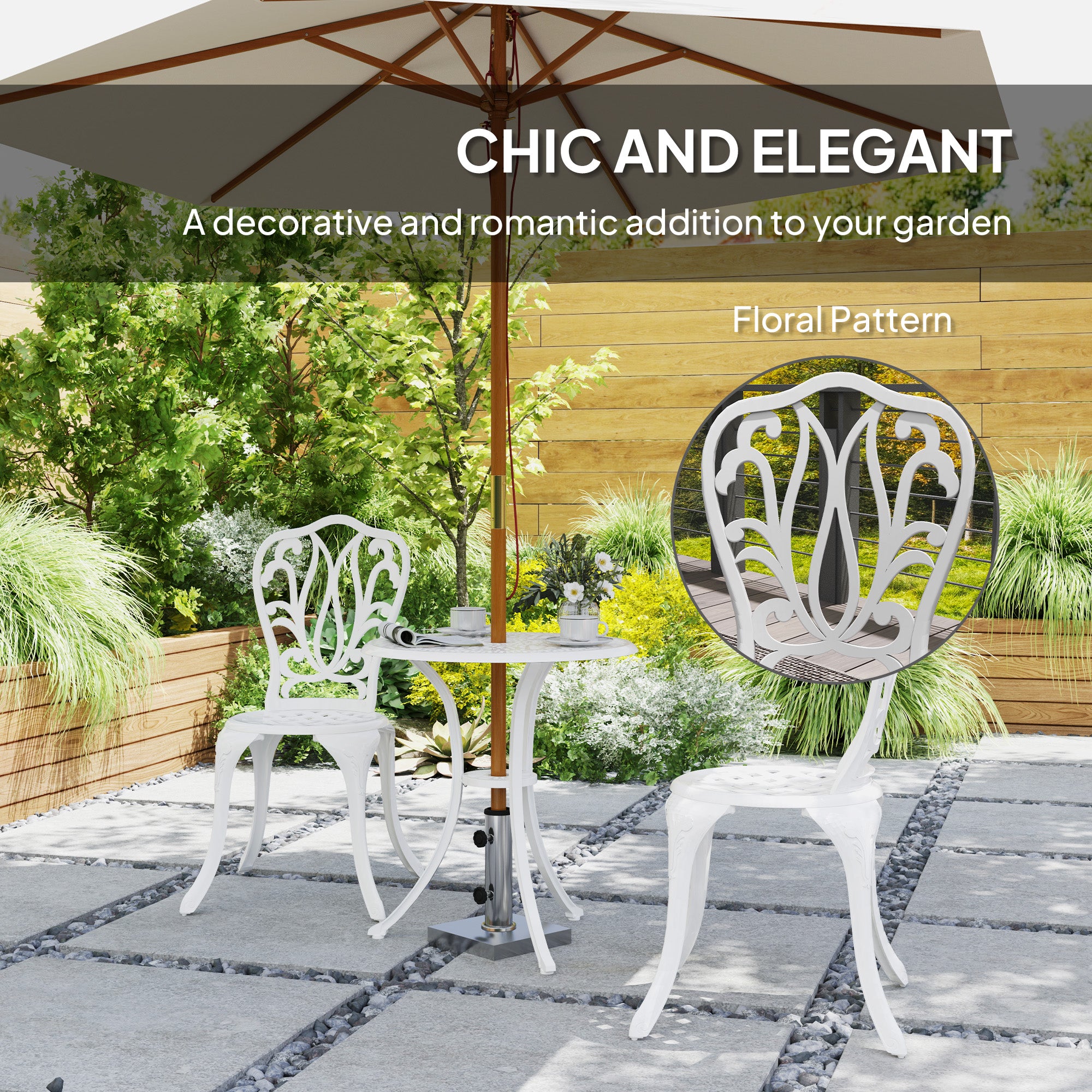 Outsunny 3 Piece Garden Bistro Set, Cast Aluminium Outdoor Furniture Set with Umbrella Hole for Balcony, Porch, Patio, White