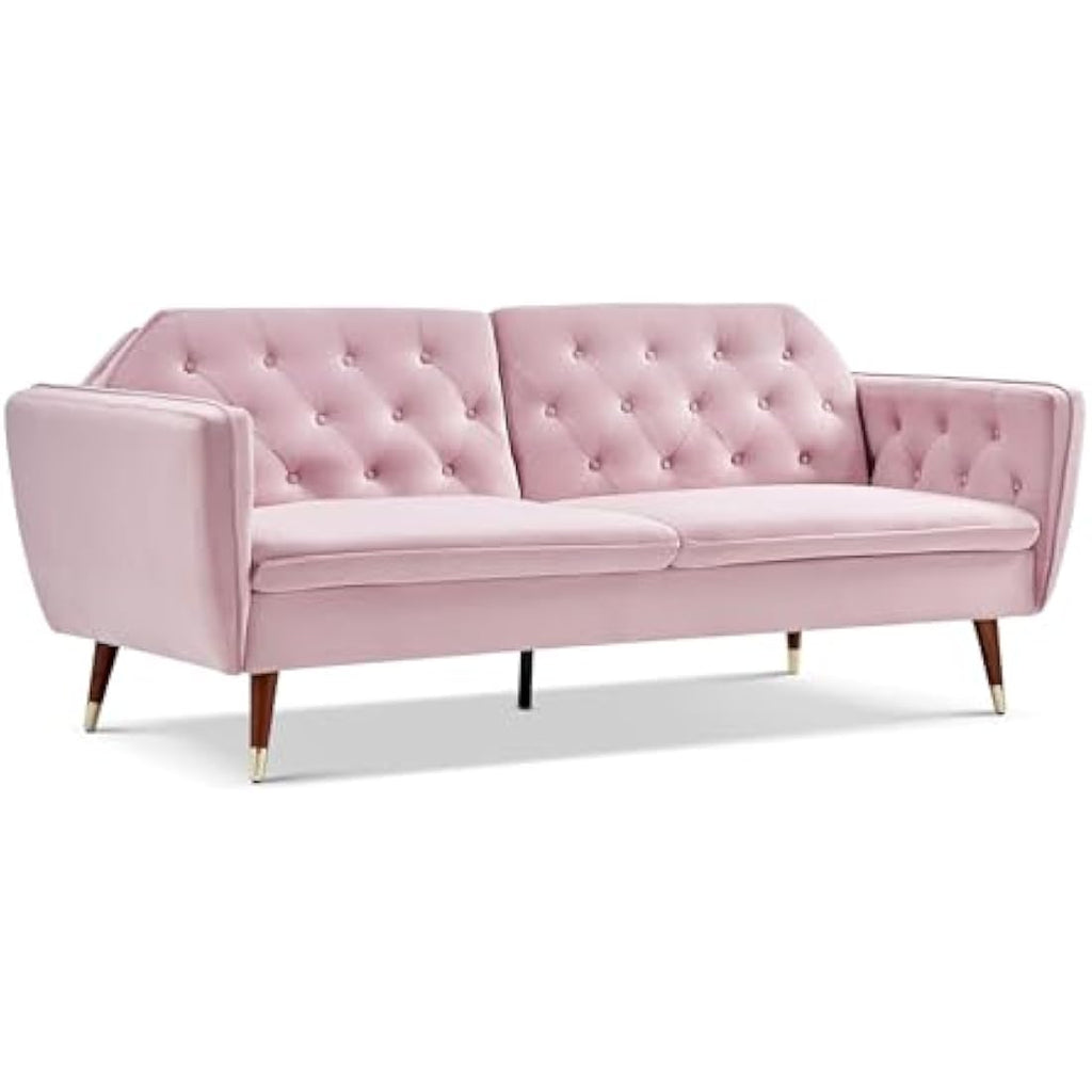 Victoria 3 Seater Velvet Fabric Sofa Bed- Rose .                       Click Clack Mechanism Sofa Bed With Gold Accent Legs.