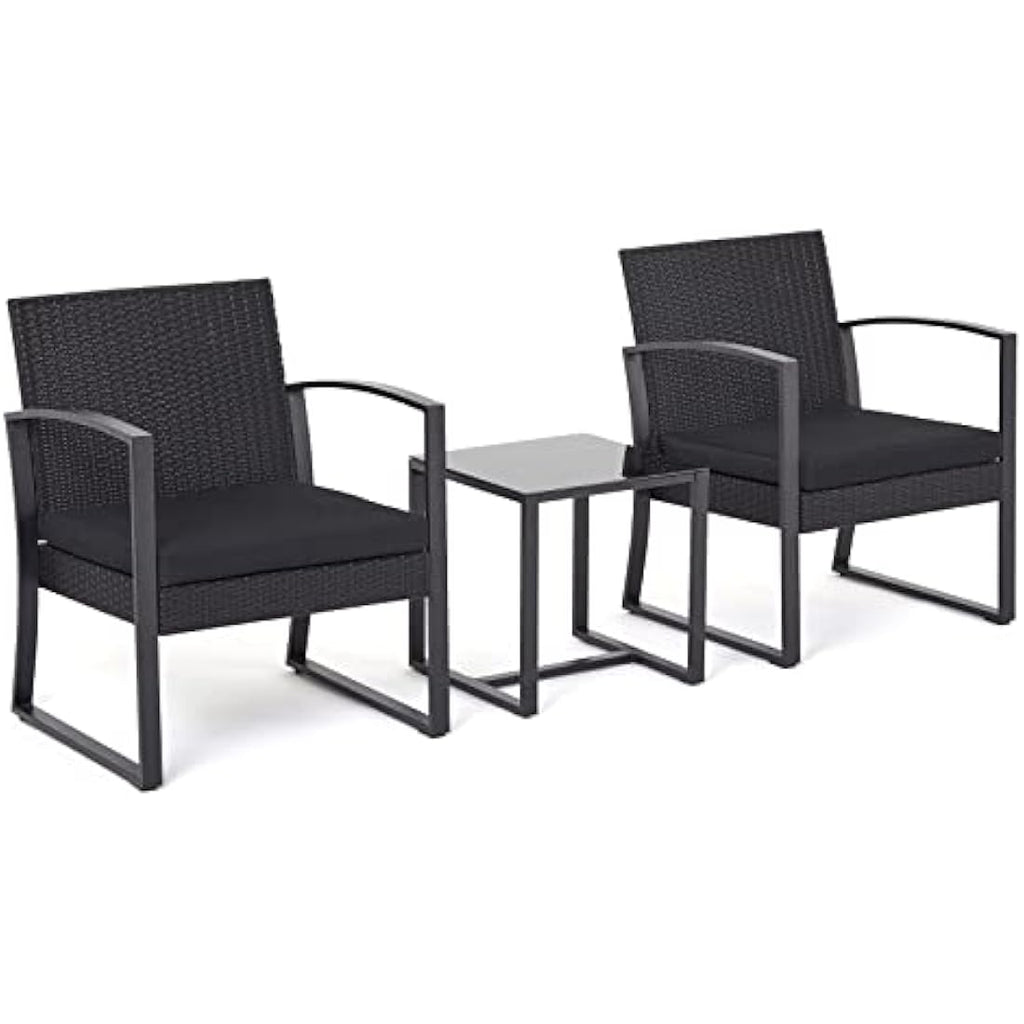 Mondeer Rattan Garden Furniture Set, 3 PCS Patio Bistro Set, 2 Seater Rattan Chairs with Cushions and Coffee Table in Black