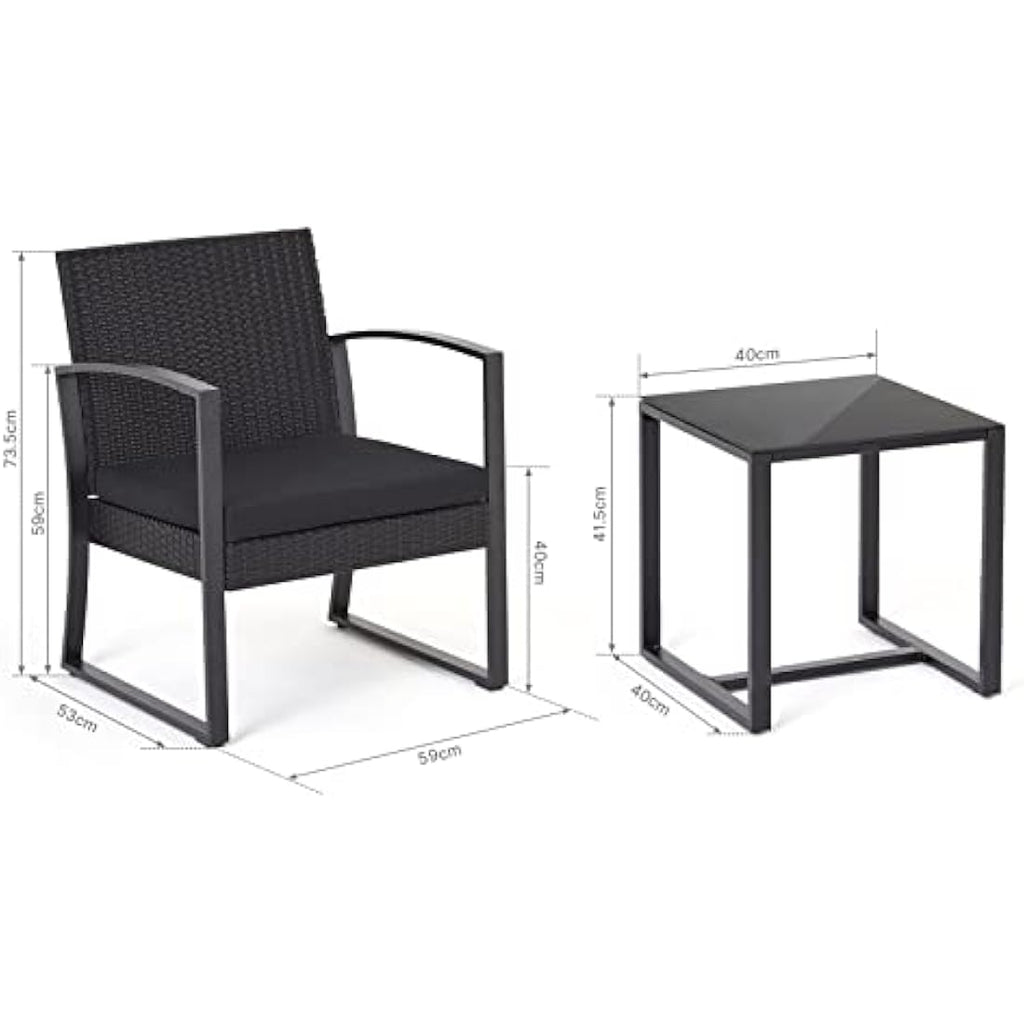 Mondeer Rattan Garden Furniture Set, 3 PCS Patio Bistro Set, 2 Seater Rattan Chairs with Cushions and Coffee Table in Black