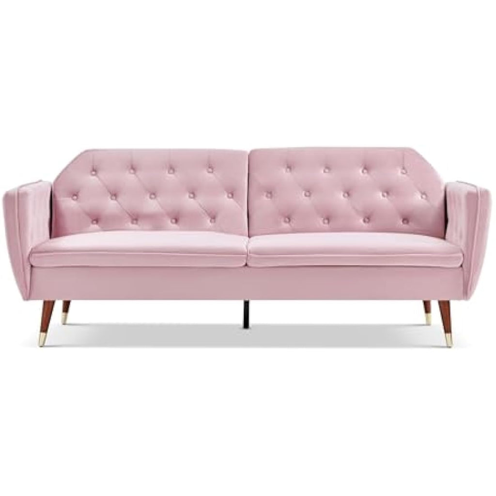 Victoria 3 Seater Velvet Fabric Sofa Bed- Rose .                       Click Clack Mechanism Sofa Bed With Gold Accent Legs.