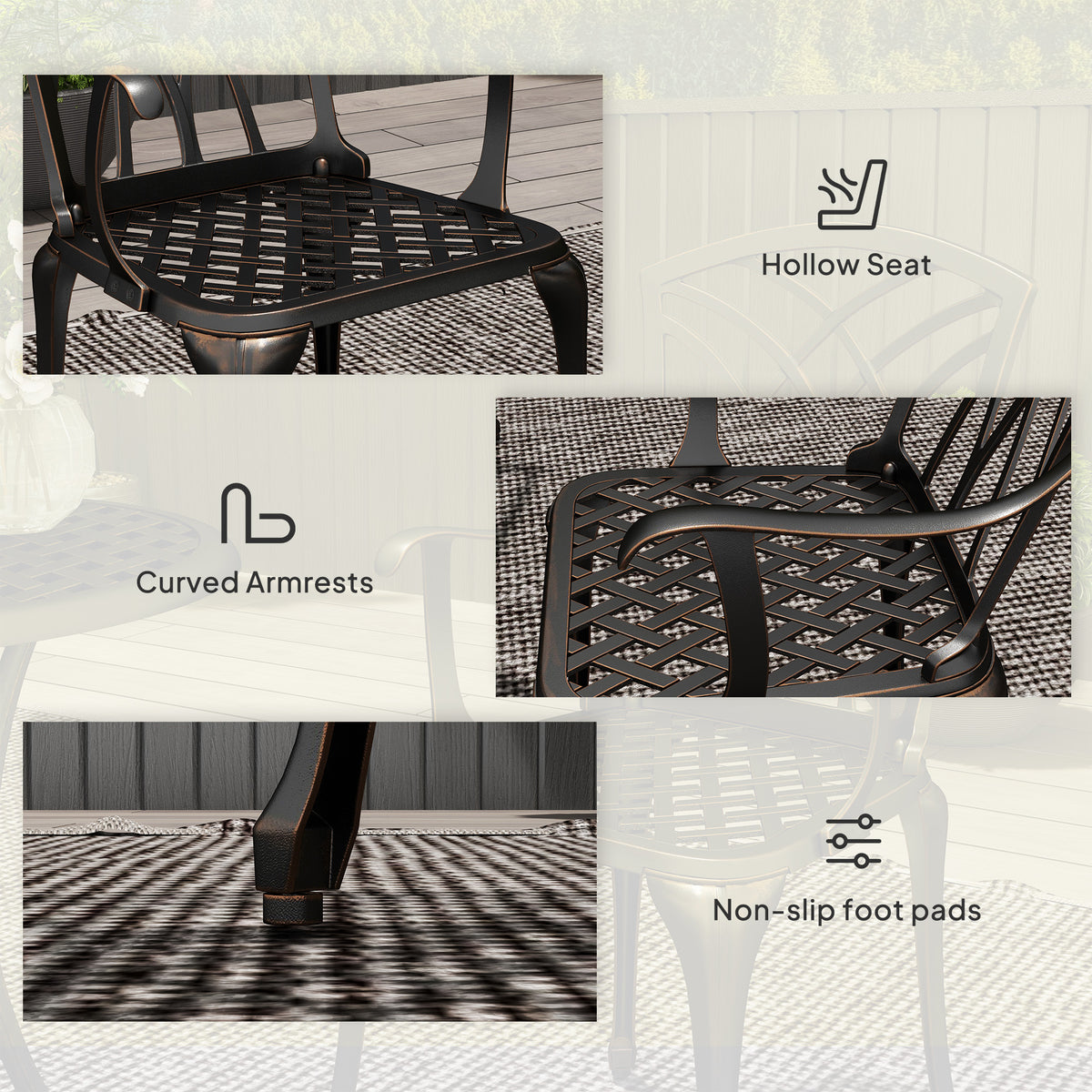 Outsunny 3 Pieces Garden Dining Set for 2, Cast Aluminium Outdoor Dining Set with 2 Armchairs and Round Dining Table with Parasol Hole, Garden Furniture Bistro Set, Bronze Tone