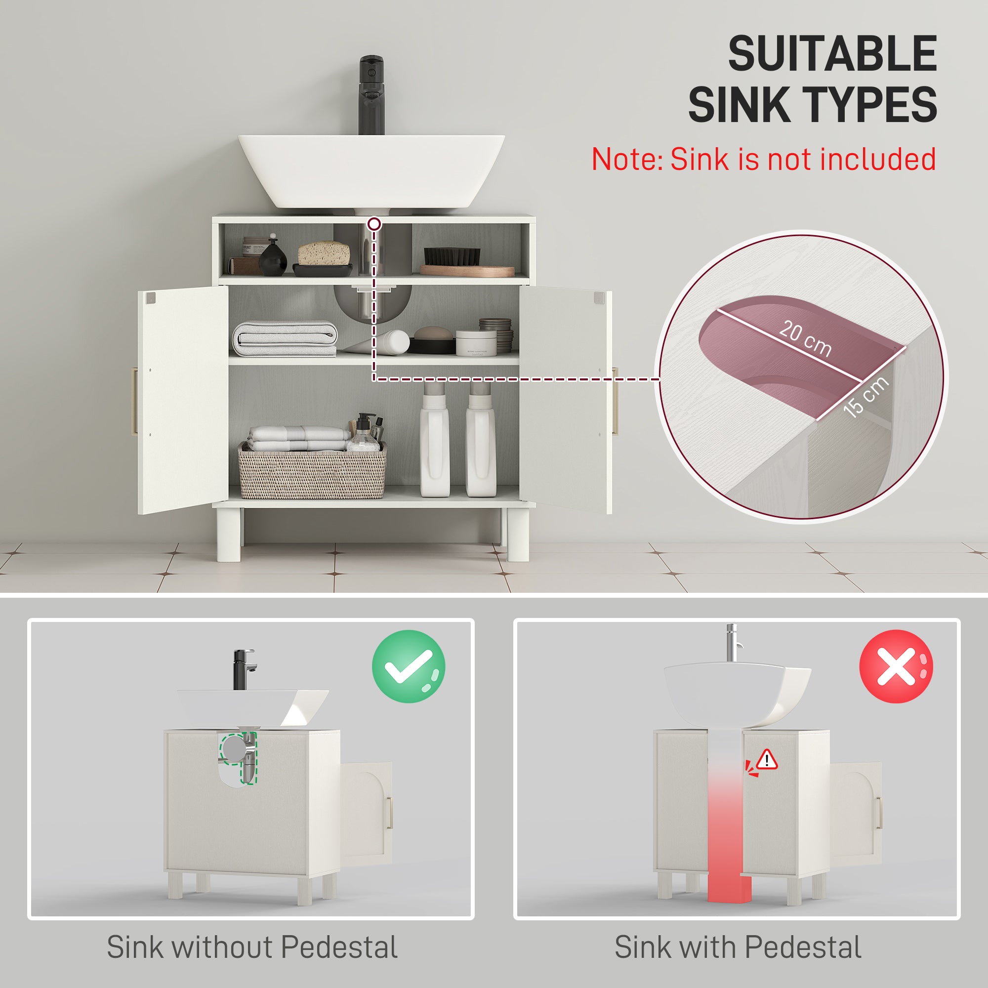 HOMCOM Under Sink Cabinet for Basin without Pedestal - Cream White