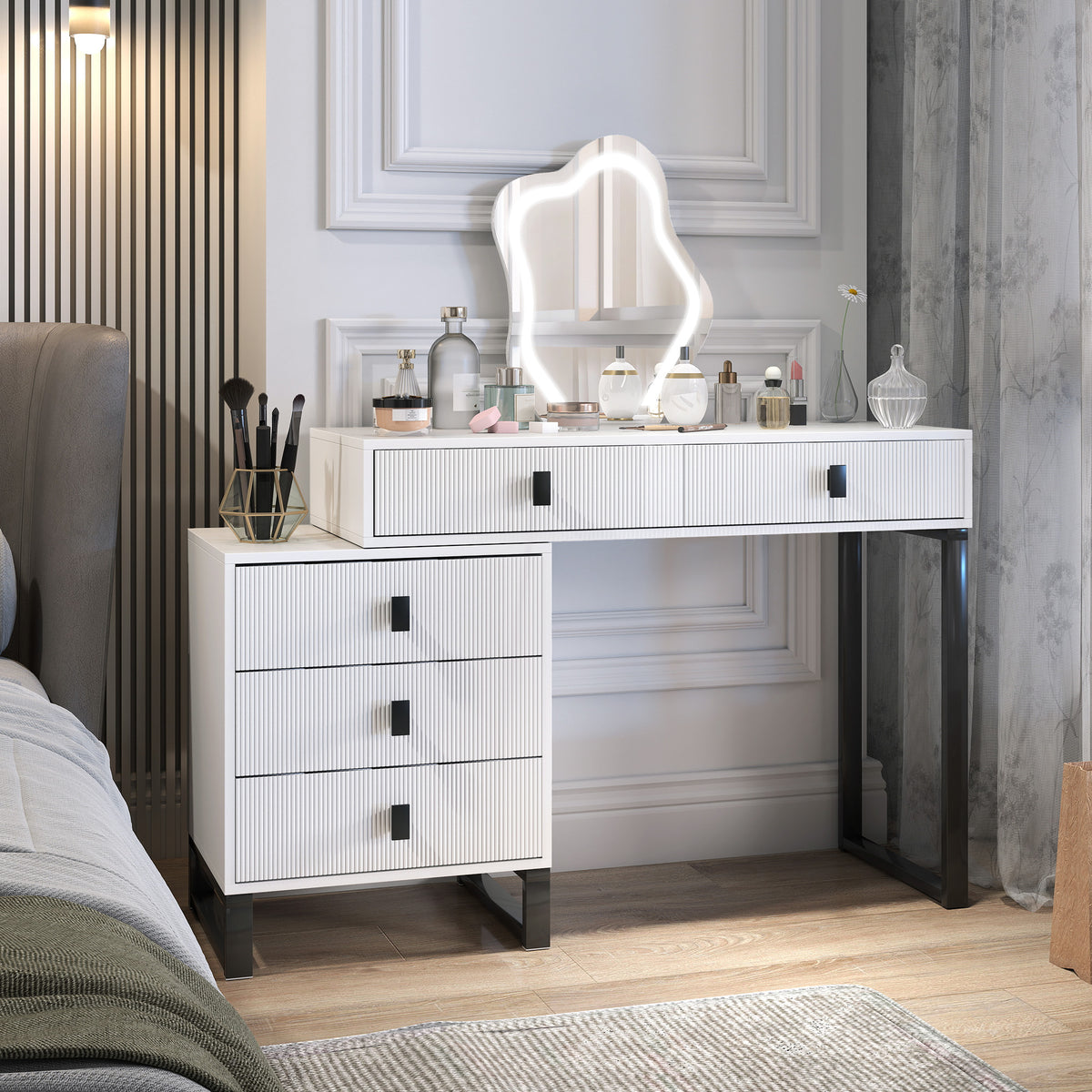 Dressing Table, Vanity Desk with Leaf Shape Mirror, Makeup Table with 5 Drawers, 3-Colour LED Lights, 100x40cm Tabletop, White