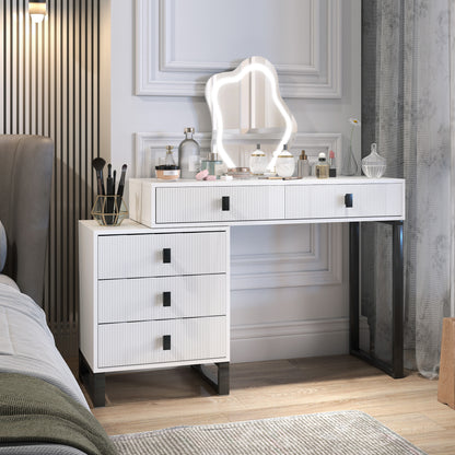 Dressing Table, Vanity Desk with Leaf Shape Mirror, Makeup Table with 5 Drawers, 3-Colour LED Lights, 100x40cm Tabletop, White
