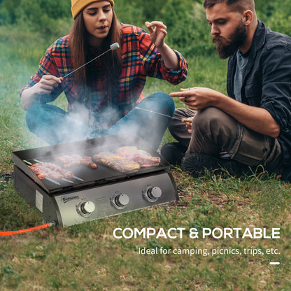 Outsunny Gas Plancha Barbecue Grill with 3 Stainless Steel Burner, 7.5kW, Portable Tabletop Gas BBQ with Non-Stick Griddle for Camping Picnic Garden Party Festival