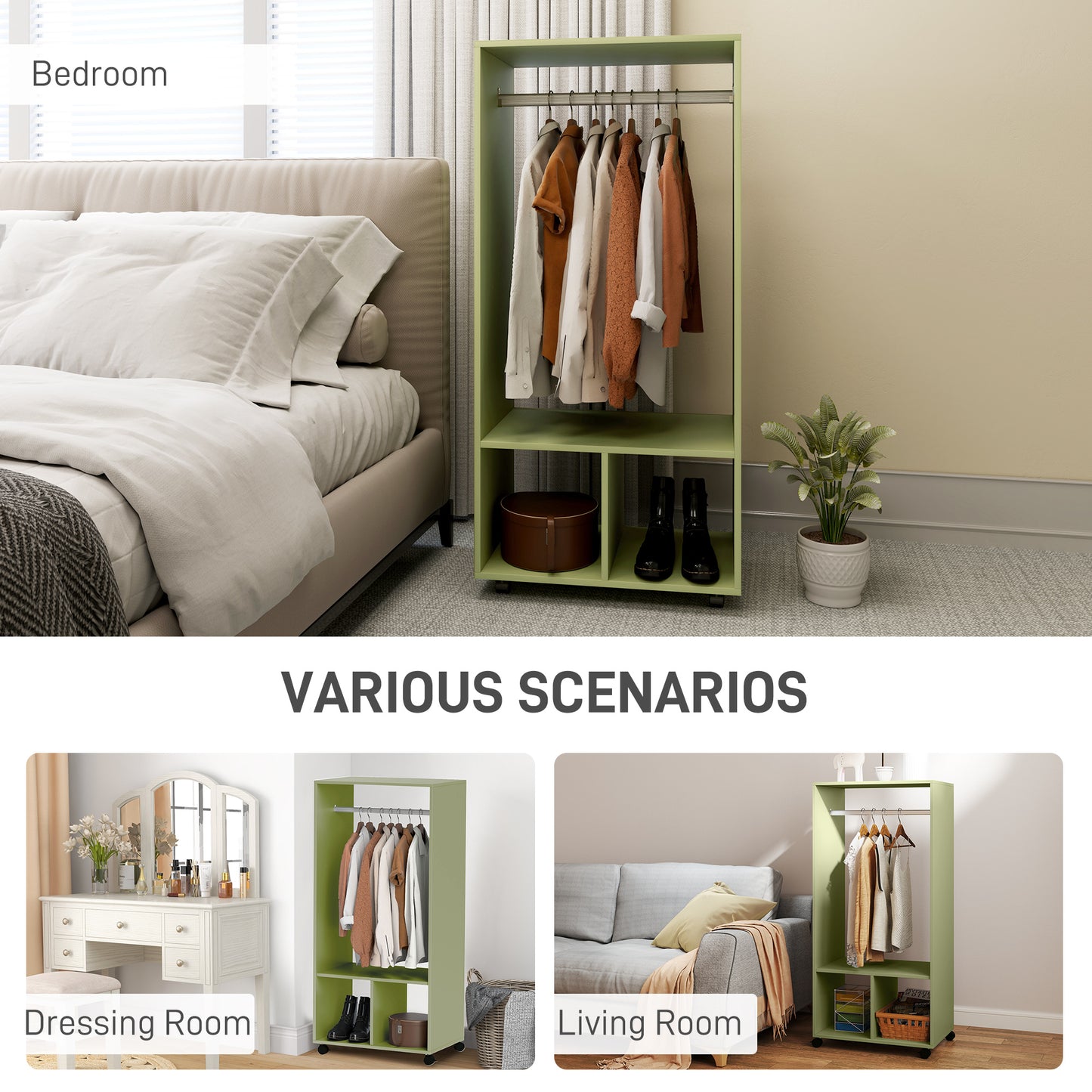 Open Wardrobe on Wheels, Bedroom Wardrobe with Clothes Hanging Rail, 2 Storage Shelves, Mobile Garment Rack for Cloakroom, Hallway, Green