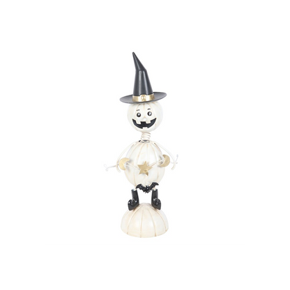 White Metal Pumpkin Man Ornament with Witch Hat