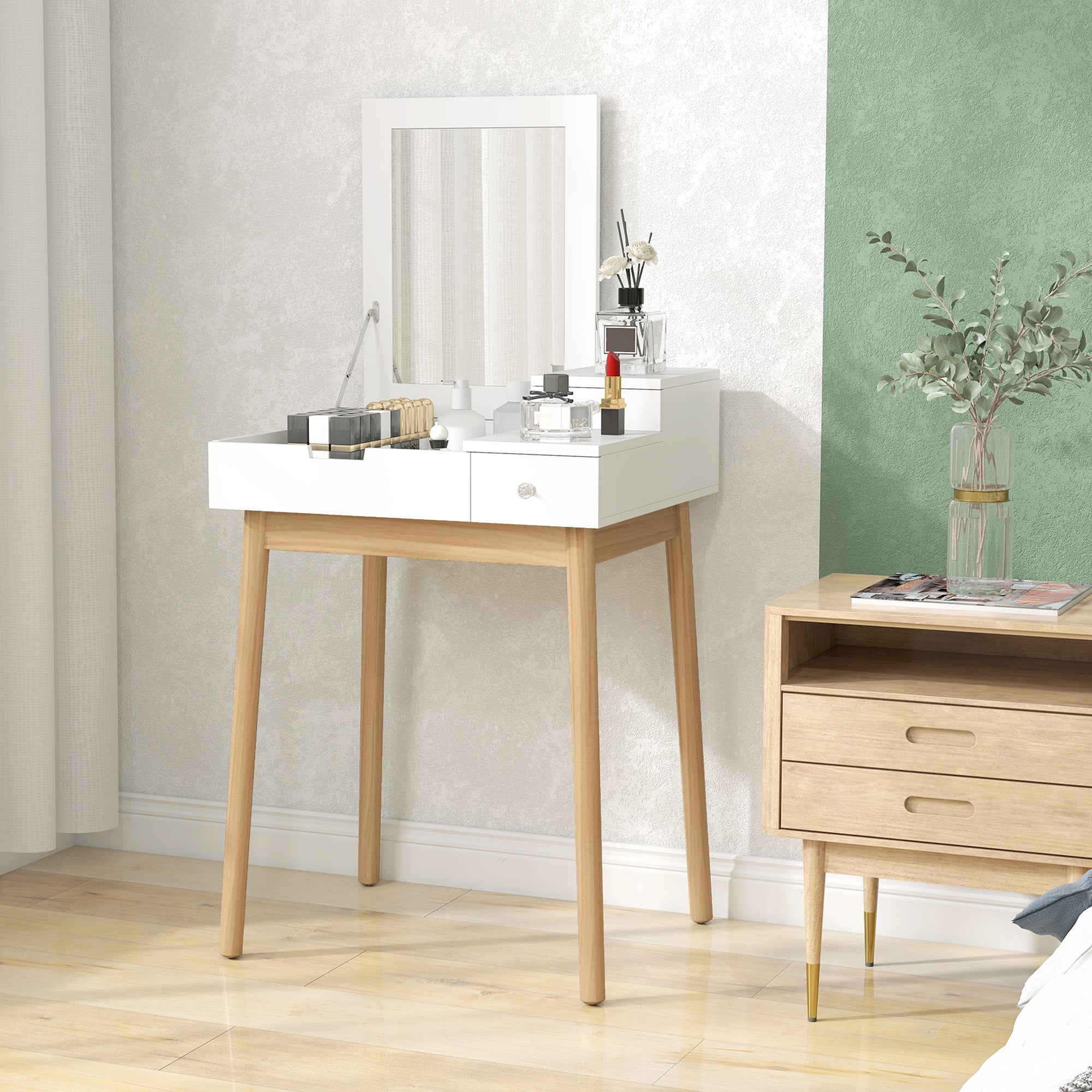 HOMCOM Dressing Table with Flip-up Mirror, Makeup Desk with 2 Drawers and Pine Wood Legs, Vanity Table Writing Desk for Bedroom Living Room, White