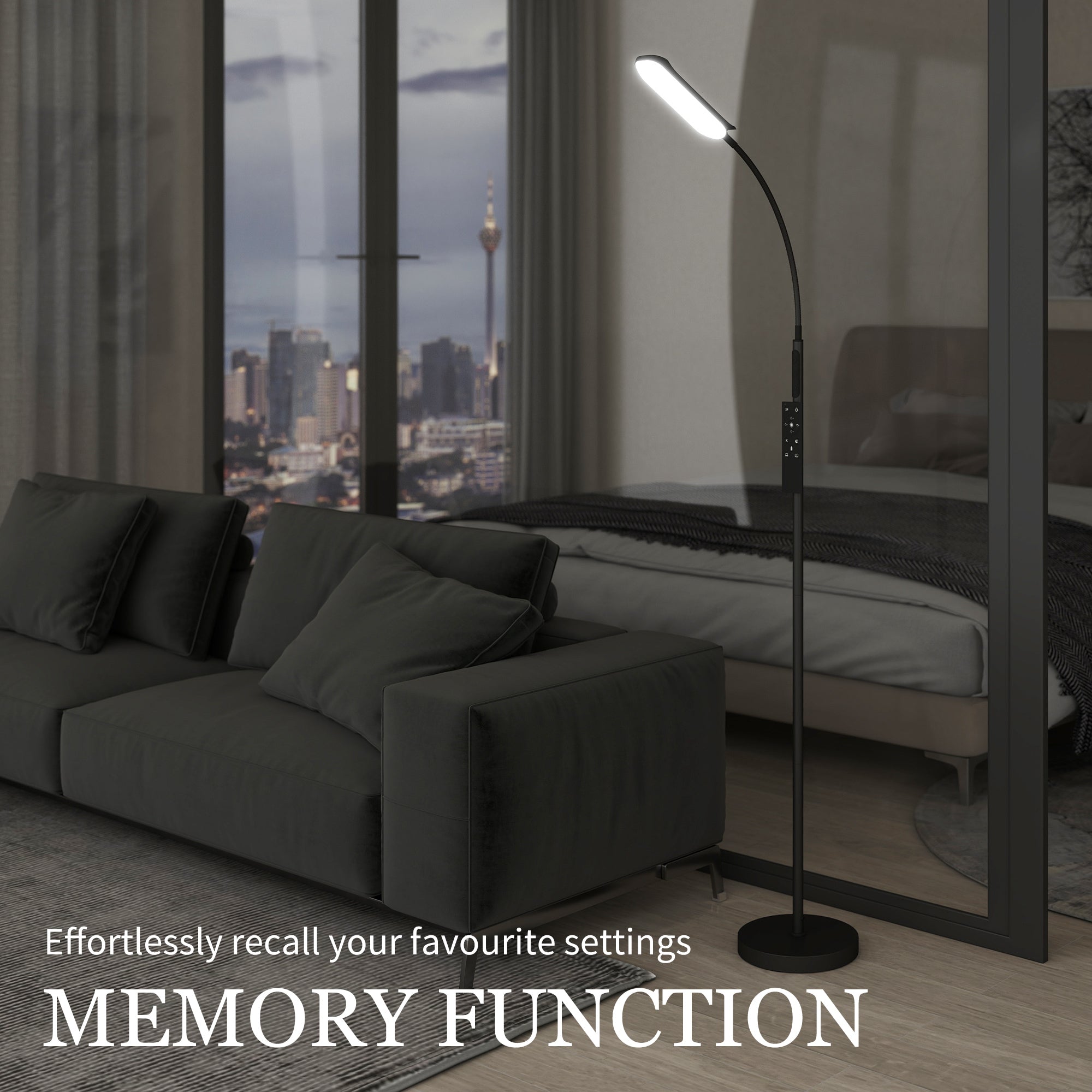 LED Floor Lamp, Standing Lamp with Remote & Touch Control, Stepless Dimmable Colours Temperature & Brightness, 360° Adjustable Gooseneck, 1 Hour Timer, Memory Function for Living Room, Black