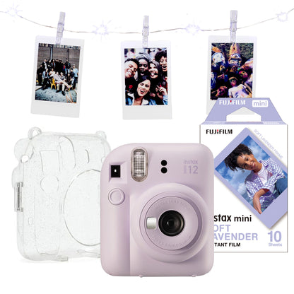 Fujifilm Instax Mini 12 Instant Camera with LED String Lights, Glitter Case & Lavender Film - Lilac Purple