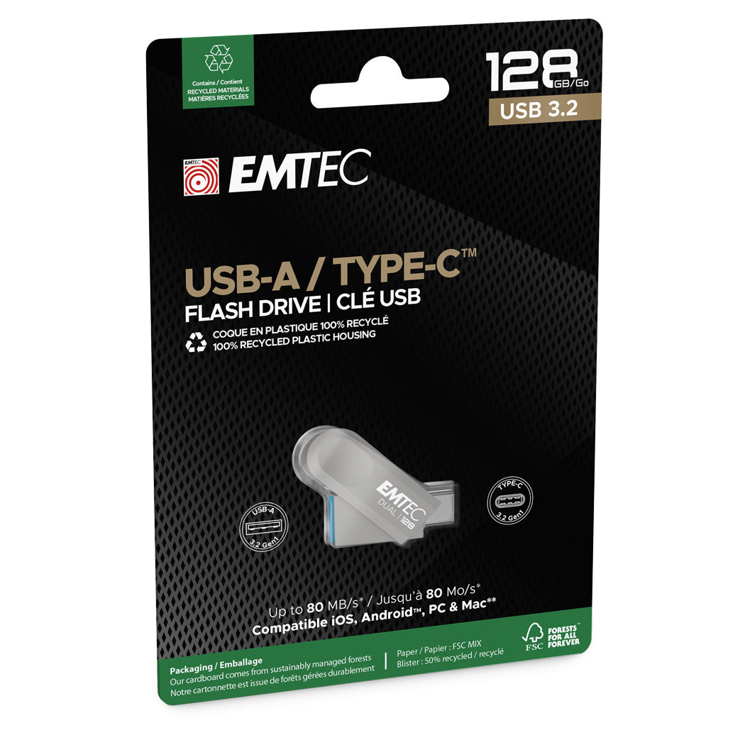 EMTEC 128GB Dual USB-A 3.2 / USB-C D280 Flash Drive