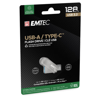 EMTEC 128GB Dual USB-A 3.2 / USB-C D280 Flash Drive