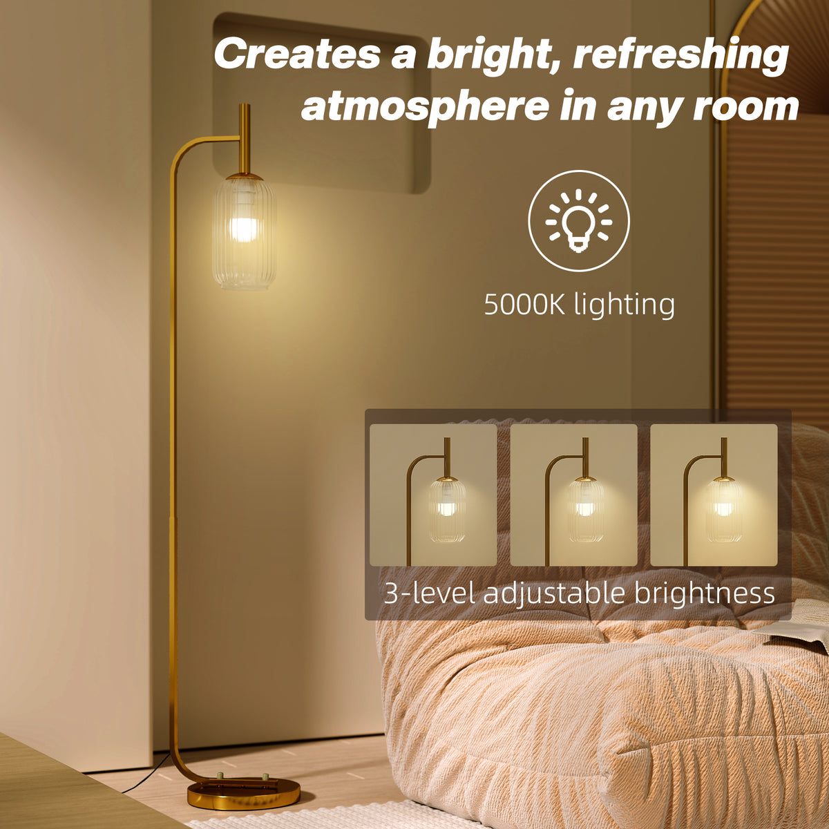 LED Floor Lamp for Living Room with Glass Lampshade, Modern Standing Lamp with Foot Switch, Adjustable Brightness, 2700K for Bedroom, Gold Tone