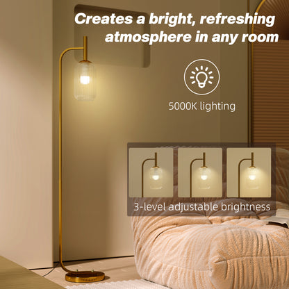 LED Floor Lamp for Living Room with Glass Lampshade, Modern Standing Lamp with Foot Switch, Adjustable Brightness, 2700K for Bedroom, Gold Tone