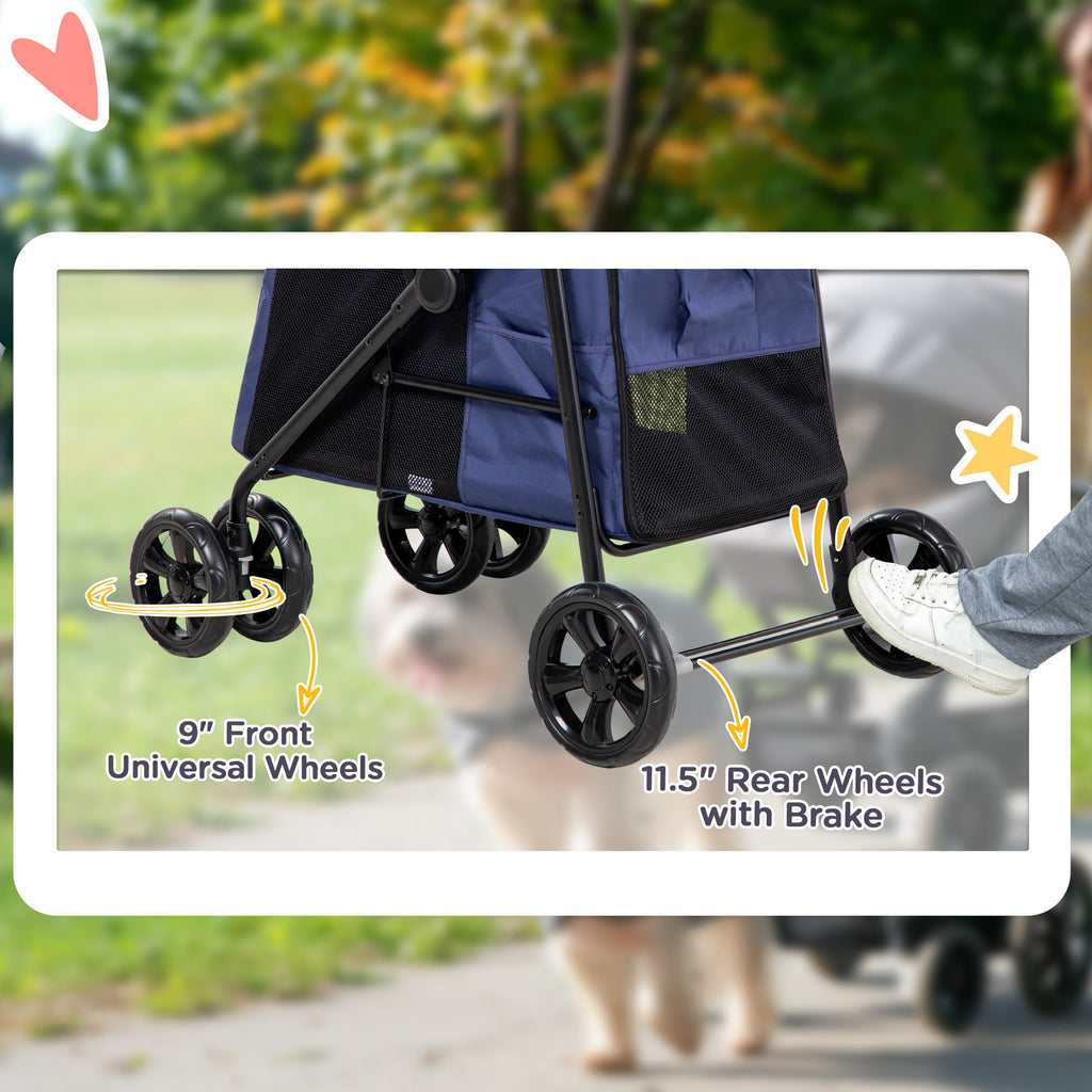 PawHut Dog Pram Dog Stroller 4 Wheels Pet Pushchair with Rolling Door, Cushion, Safety Leashes, for Small and Medium Breeds, Dark Blue