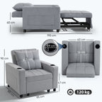 HOMCOM 3-in-1 Single Sofa Bed, Convertible Sleeper Chair Bed - Light Grey