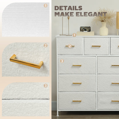 Chest of Drawers with 9 Fabric Drawers, Boucle Storage Organiser with Steel Frame, Fabric Dresser for Bedroom, Living Room, Hallway, Cream White