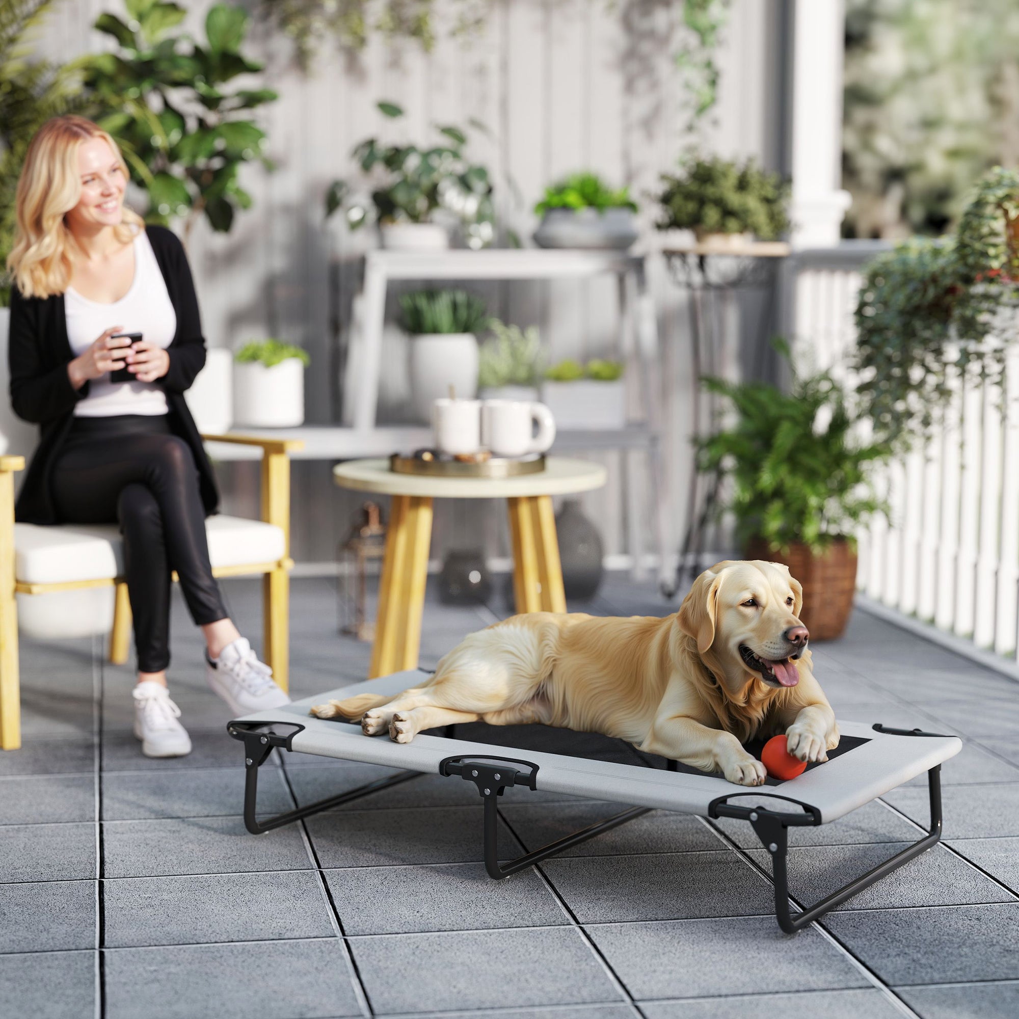 PawHut Portable Raised Dog Bed, Elevated Pet Cot with Breathable Mesh for Indoor Outdoor, for Large Dogs, Light Grey
