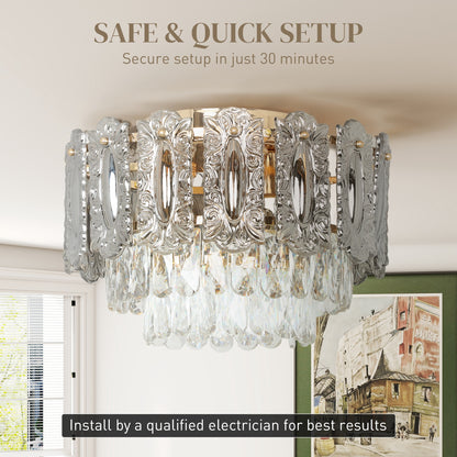Chandelier Ceiling Light, 3-Light Flush Mount Fixture with Dual Crystal and Smoke Glass Shade, 40 cm LED Ceiling Light for Living Room Bedroom, 3 E14 Sockets, Bulbs Not Included, Gold Tone