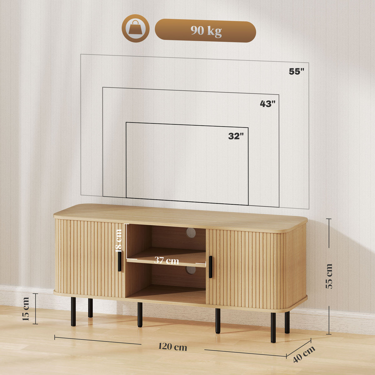 TV Stand Cabinet for TVs up to 55 Inches, TV Unit with Storage Shelves and Cupboard for Living Room, Oak Tone