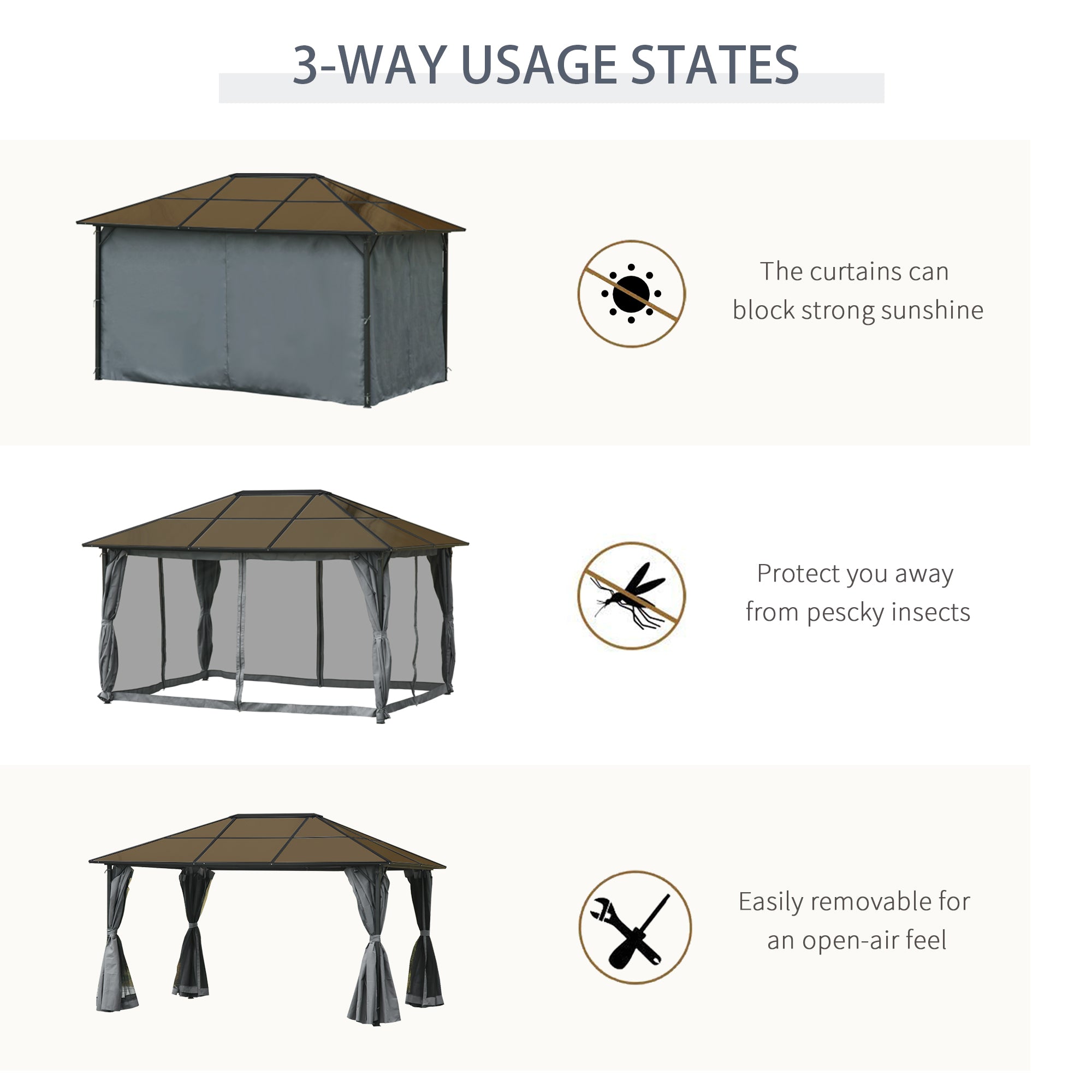 Outsunny 3 x 4m Hardtop Gazebo Canopy with Polycarbonate Roof, Aluminium Frame, Permanent Pavilion Garden Gazebo with Netting and Curtains - Grey