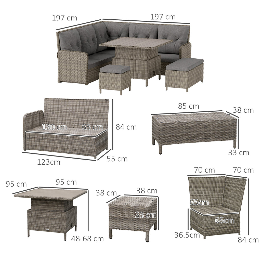 Outsunny 6 Pieces Outdoor PE Rattan Garden Furniture, Patio Wicker Sectional Conversation Corner Sofa with Soft Padded Cushion and Liftable Coffee Table, 123 x 55 x 84 cm, Light Grey