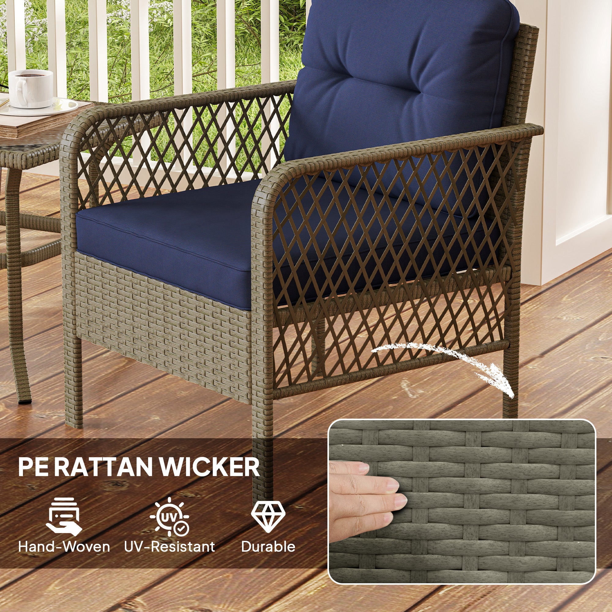 Outsunny 3 Pieces Rattan Bistro Set with Glass Top Coffee Table, Chairs and Cushions for Outdoor, Patio, Balcony, Charcoal Grey